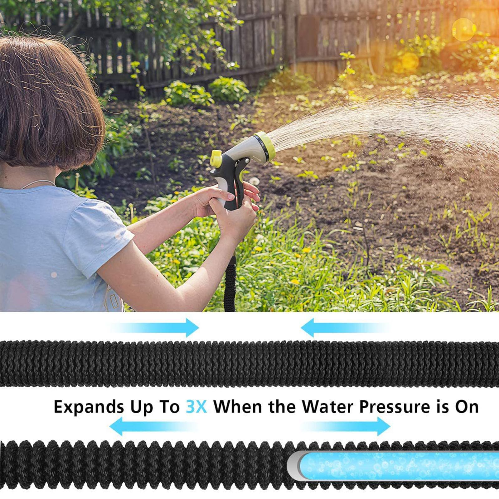 Tubo dell'Acqua da Giardino con Ugello A 8 Funzioni, Tubo dell'Acqua Leggero A Tenuta Stagna, Tubo Magico Leggero per La Pulizia Dell'irrigazione del Giardinaggio All'aperto,15M