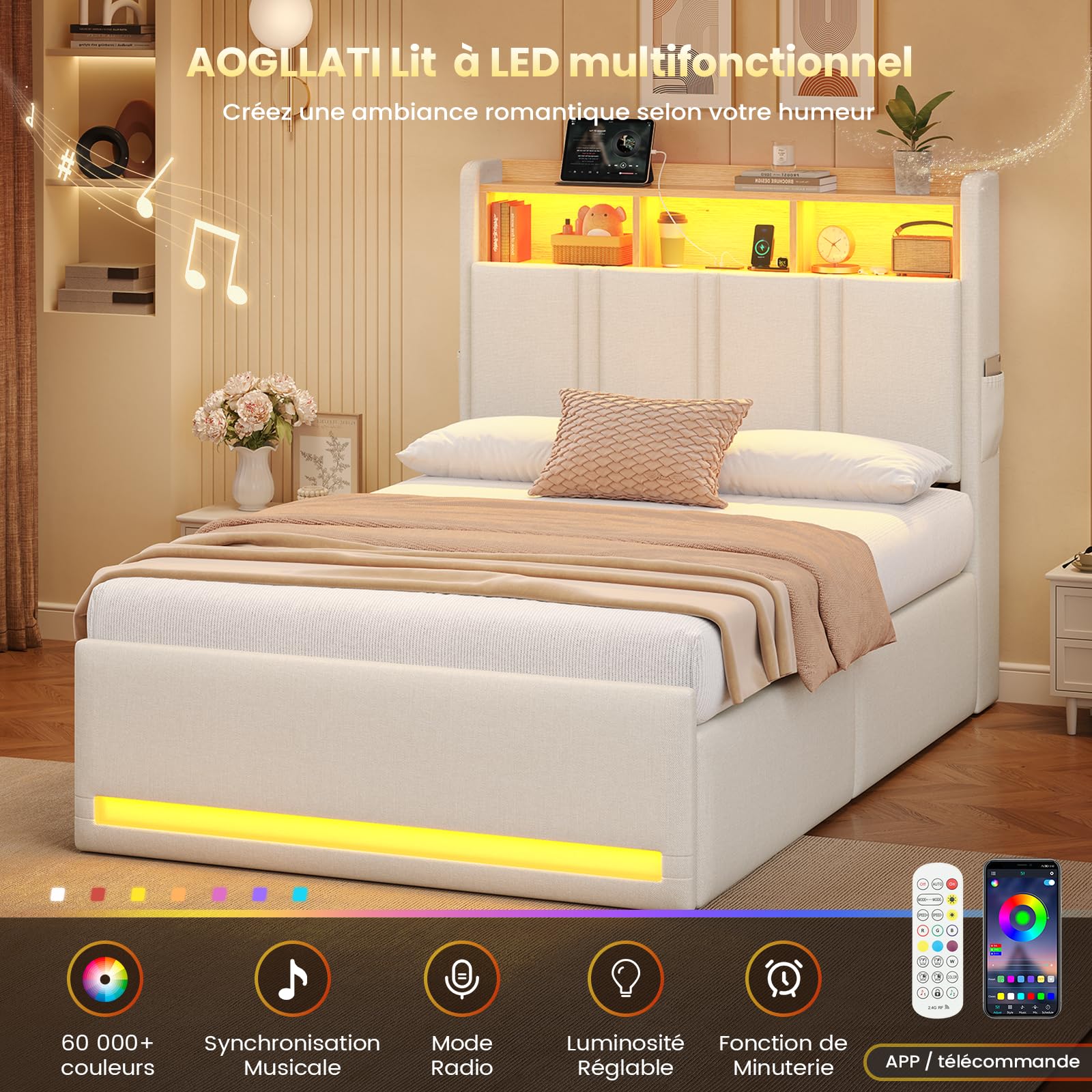 AOGLLATI Letto Singolo con Contenitore Idraulico 90x200 cm, Letto Singolo Imbottito con Ampio Spazio di Stivaggio, Struttura Letto Contenitore con Luci a LED Regolabili e Stazione di Ricarica, Beige