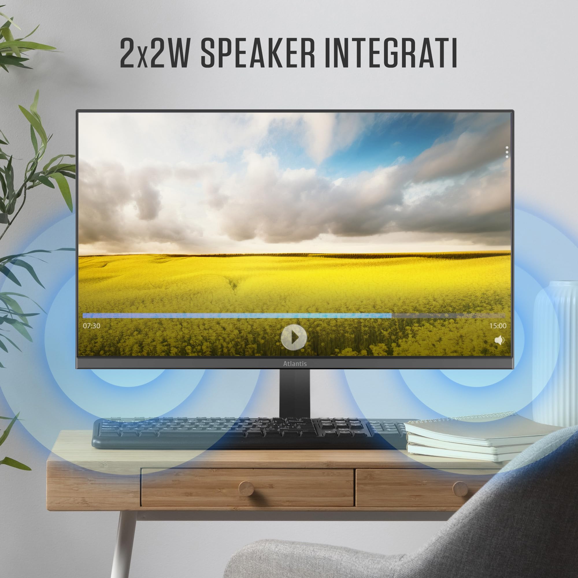 Atlantis Monitor 24 pollici, schermo 24" VA 120Hz, Full HD 1920x1080, VGA HDMI, MULTIMEDIALE, FreeSync, Uscita Audio/Cuffie, inclin, risposta 5ms, Contrasto 4000:1, Angolo 178/178, Cavo HDMI 1,5m