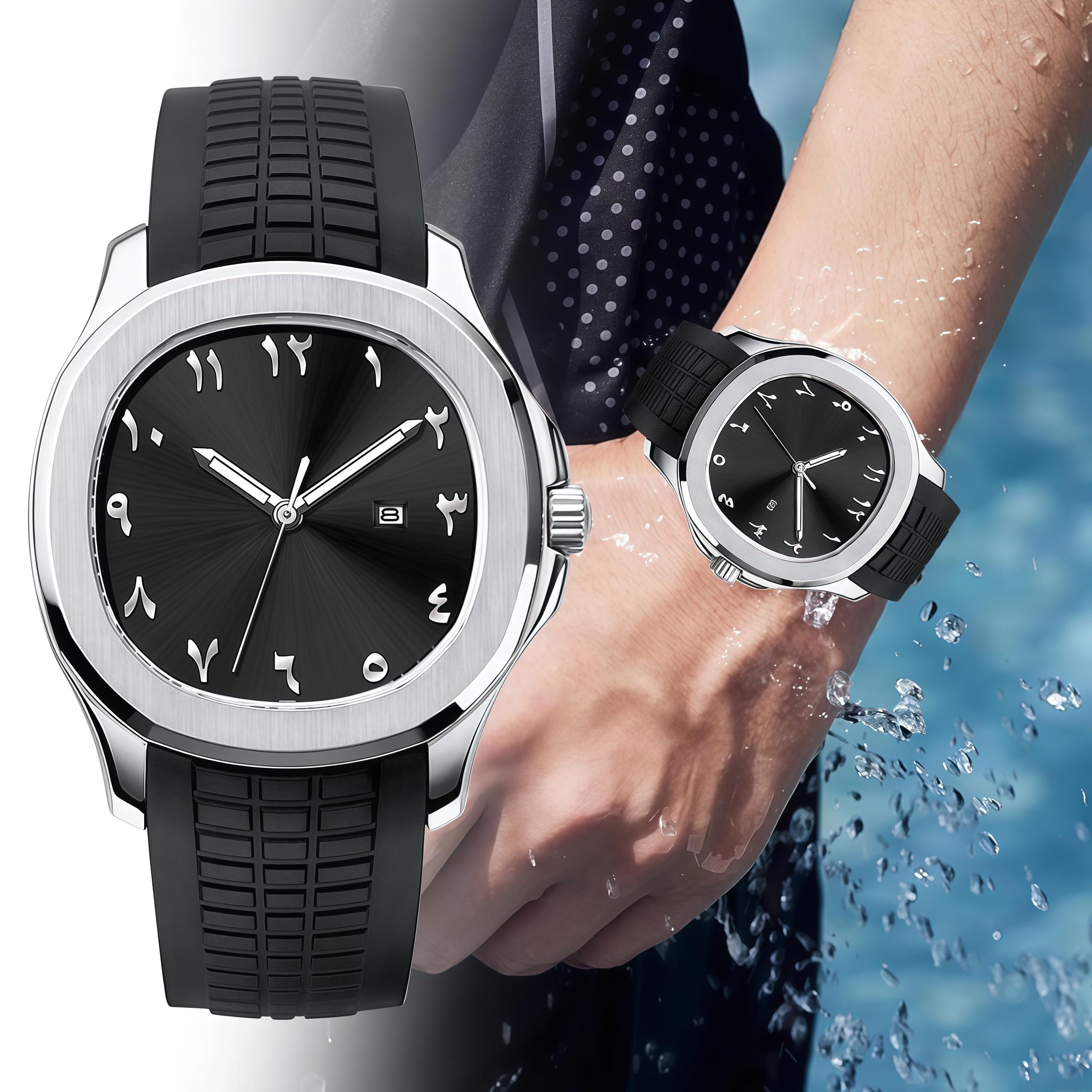 Gosasa Reloj de pulsera para hombre con números arábigos con manecillas luminosas, resistente al agua hasta 30 m, visualización de la fecha, correa de silicona suave, caja de 4,2 cm