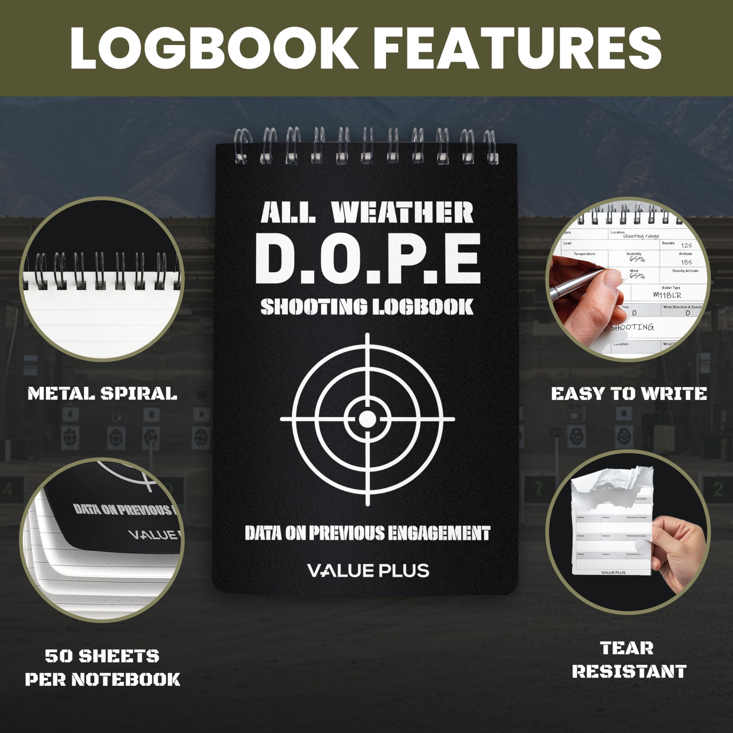 Allwetterfestes DOPE-Buch für Gewehrschießen, -Dope-Logbuch für Langstrecken-Gewehr-Präzisions-Shooter – Schießweiten-Notizbuch zum Aufzeichnen jedes Schusses, ballistische Aufpralldaten, 2