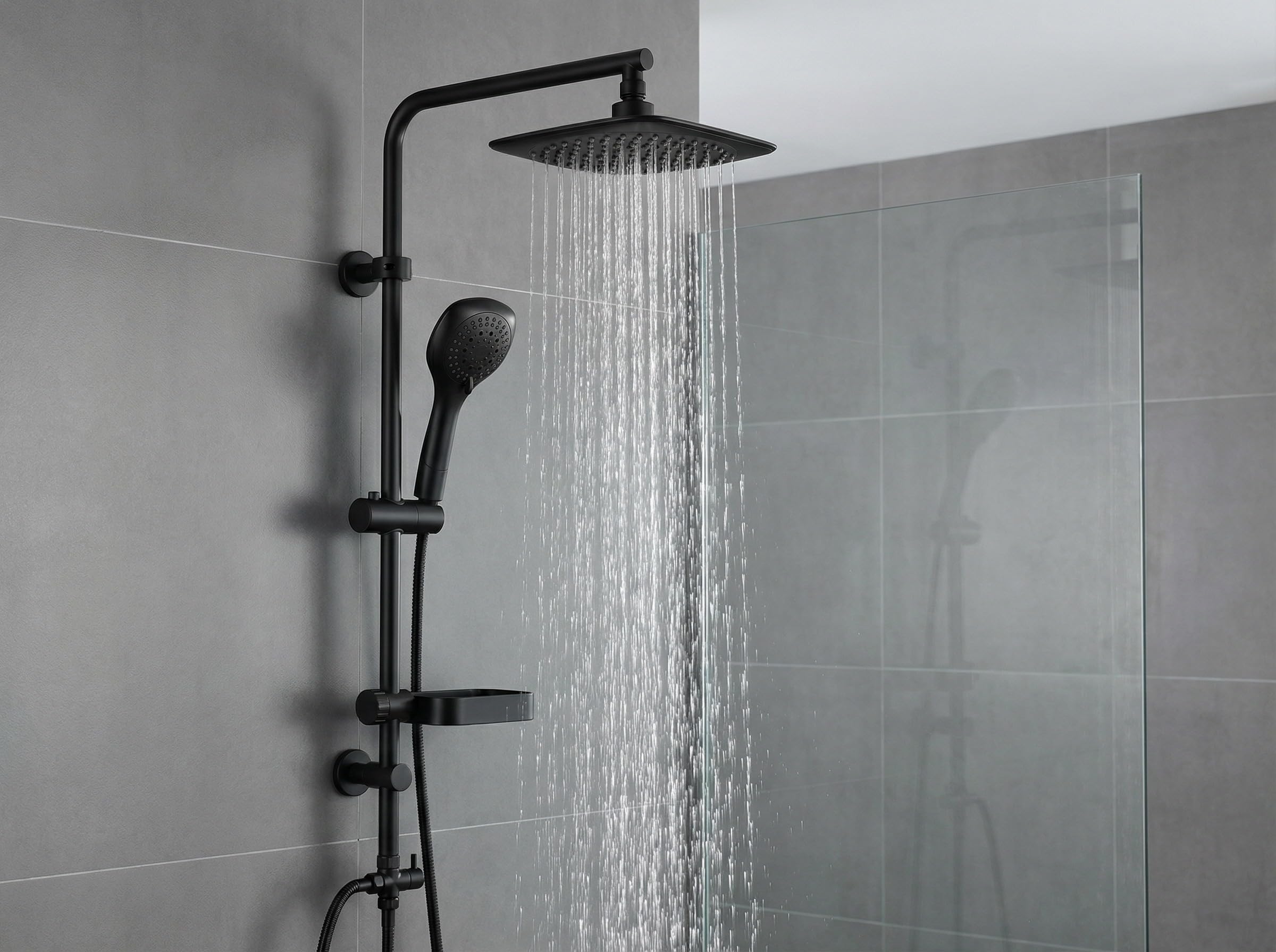 AQUALONA Aquacapri Shower Column Black,Overhead & Handheld Shower, 5 Different Sprays w/Aqualona Bath/Shower Mixer. TMV2 and WRAS Certified