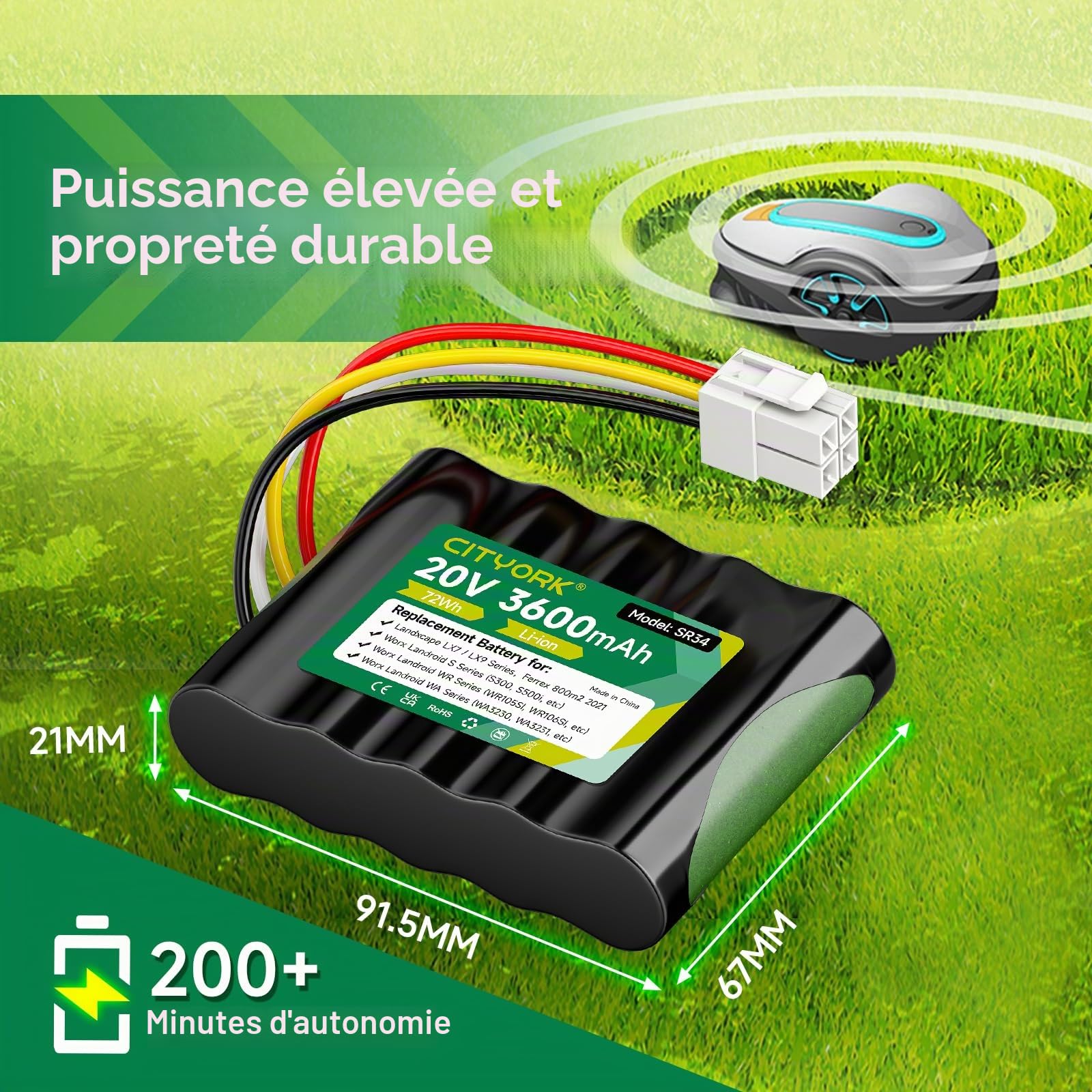 CITYORK 20 V/ 3600mAh Tondeuse Batterie pour Worx Landroid S300, S390, S300i, S450i, S500i,S700i, Worx WR100SI/101SI/102SI/WA3230/WA3231, pour Landxcape LX790, LX790i, LX792, LX795,LX835, LX991, LX992