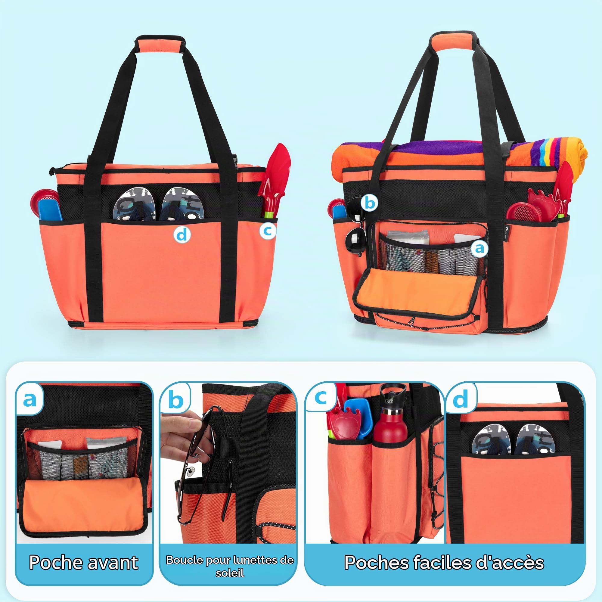 Grand Sac de Plage en Maille avec Fond Zippé, Séparation Humide/Sec, Orange | 2 couches séparées, poche imperméable translucide, 6 pochettes élastiques, 1 poche zippée, compartiment avant filet