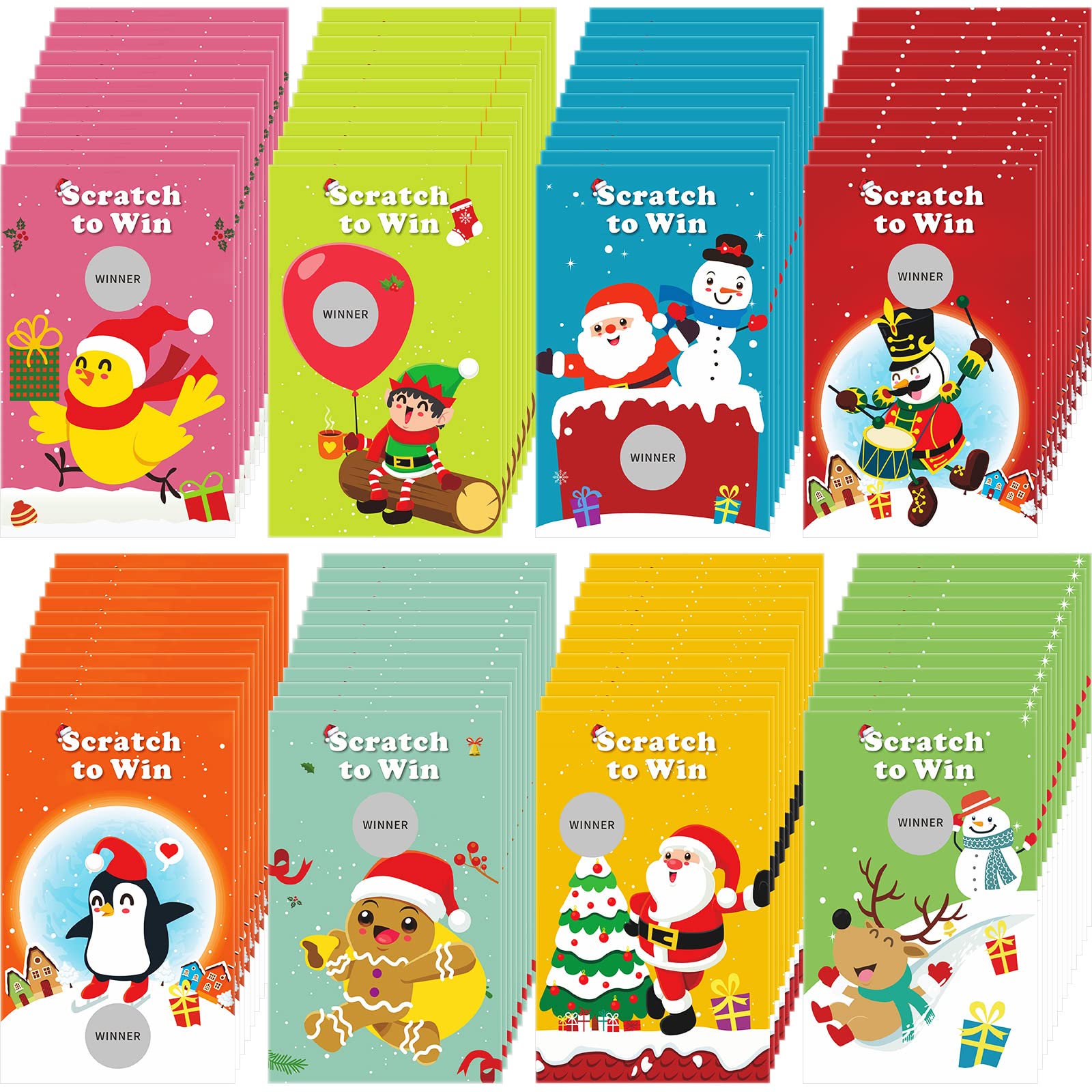 Nezyo Christmas Scratch Off Cards Christmas Party Scratch Games Raffle Tickets for Kids Adults Groups Funny Activity Xmas Party Supplies Festive Holiday Events (Cute Style, 96 Pcs)