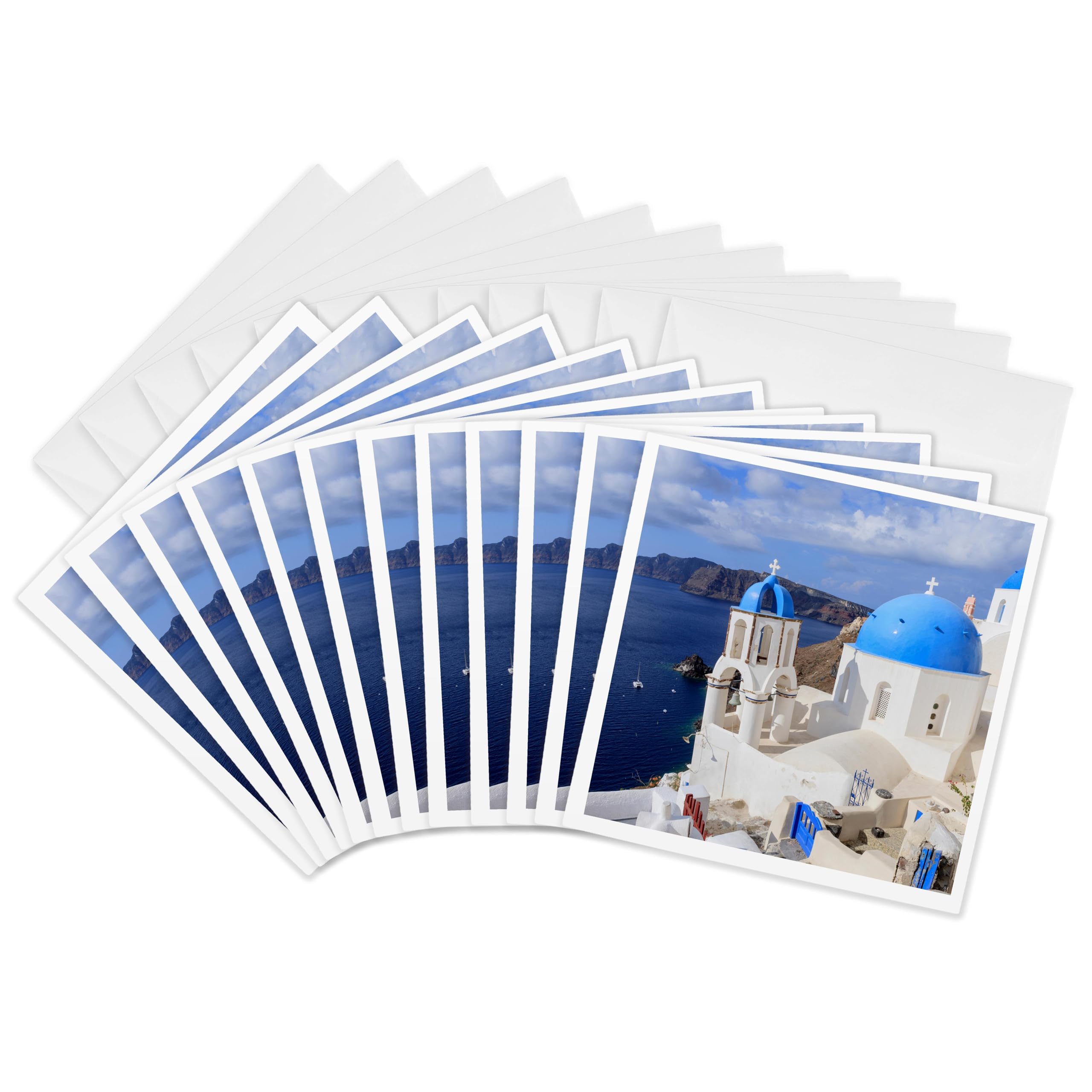 Greeting Cards - Traditional Blue Roofed Churches and homes, Santorini. Greece. - 12 Pack - cities