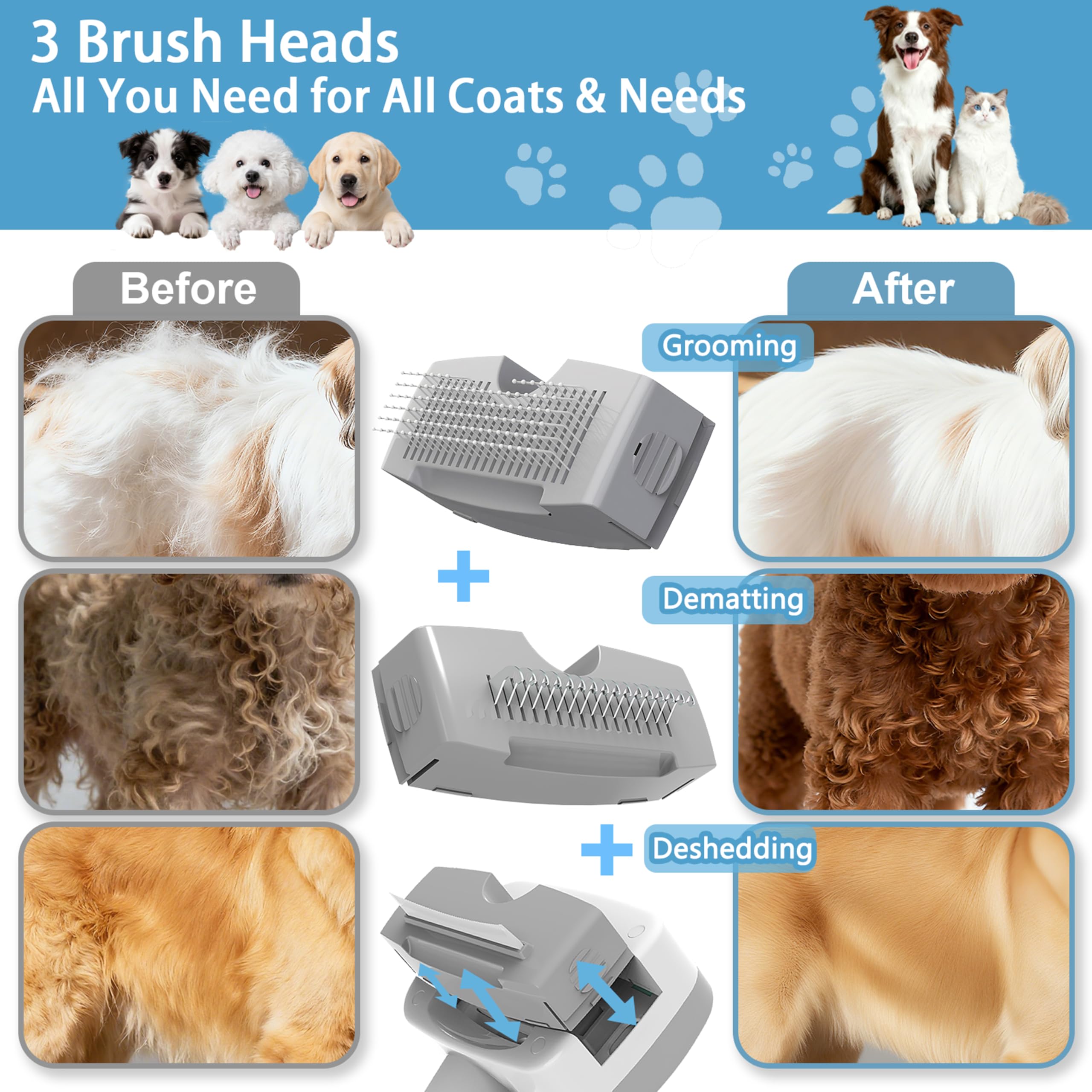 Cepillo de vapor para mascotas 5 en 1 para perros y gatos, autolimpieza, 3 cepillos para mascotas para alisar, desenredar, adelgazar, desprendimiento, aseo y depilación, incluye champú y