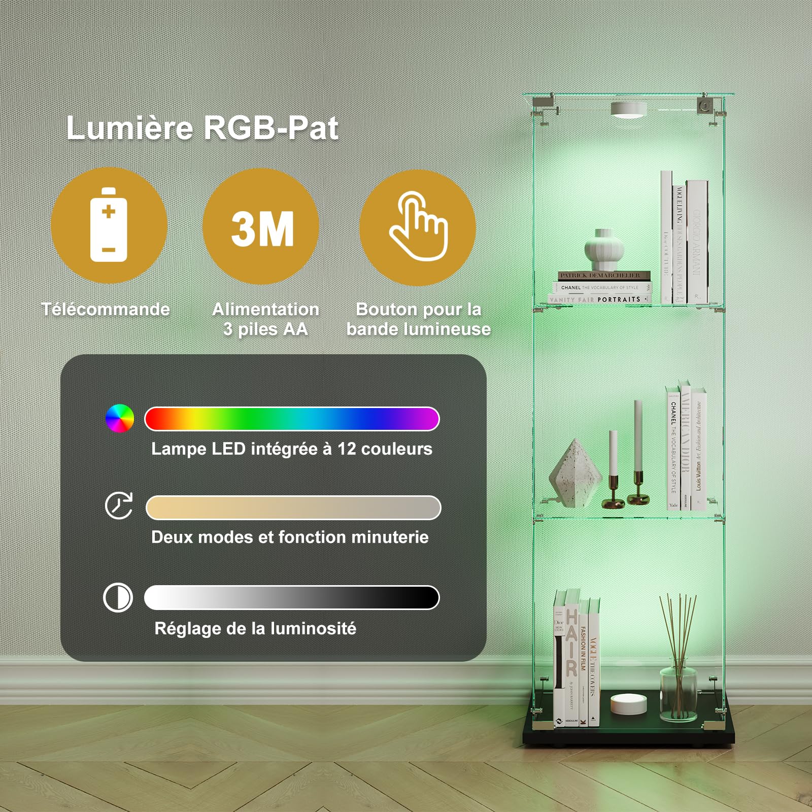 vitrina de cristal con LED, armario para colección transparente, mueble de cristal con 1 puerta y cerradura, 3 estantes, 123x40x35 cm, negro