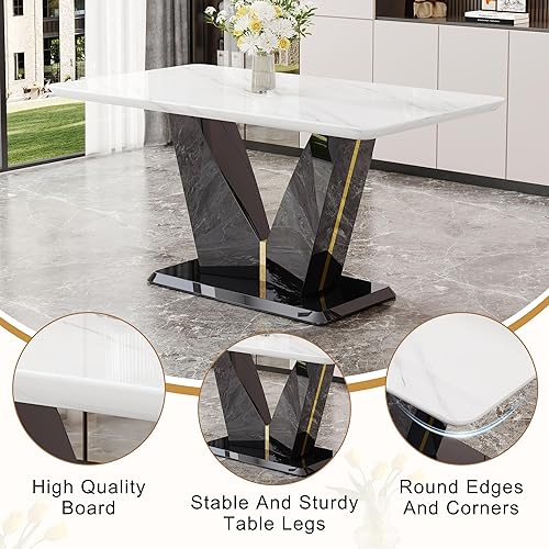 Miniatura 4 de Sillas de Comedor Modernas 6 - Juego de mesa de comedor de mármol para 6, 7 piezas, color blanco, juego de mesa de cocina de mármol de 63 pulgadas