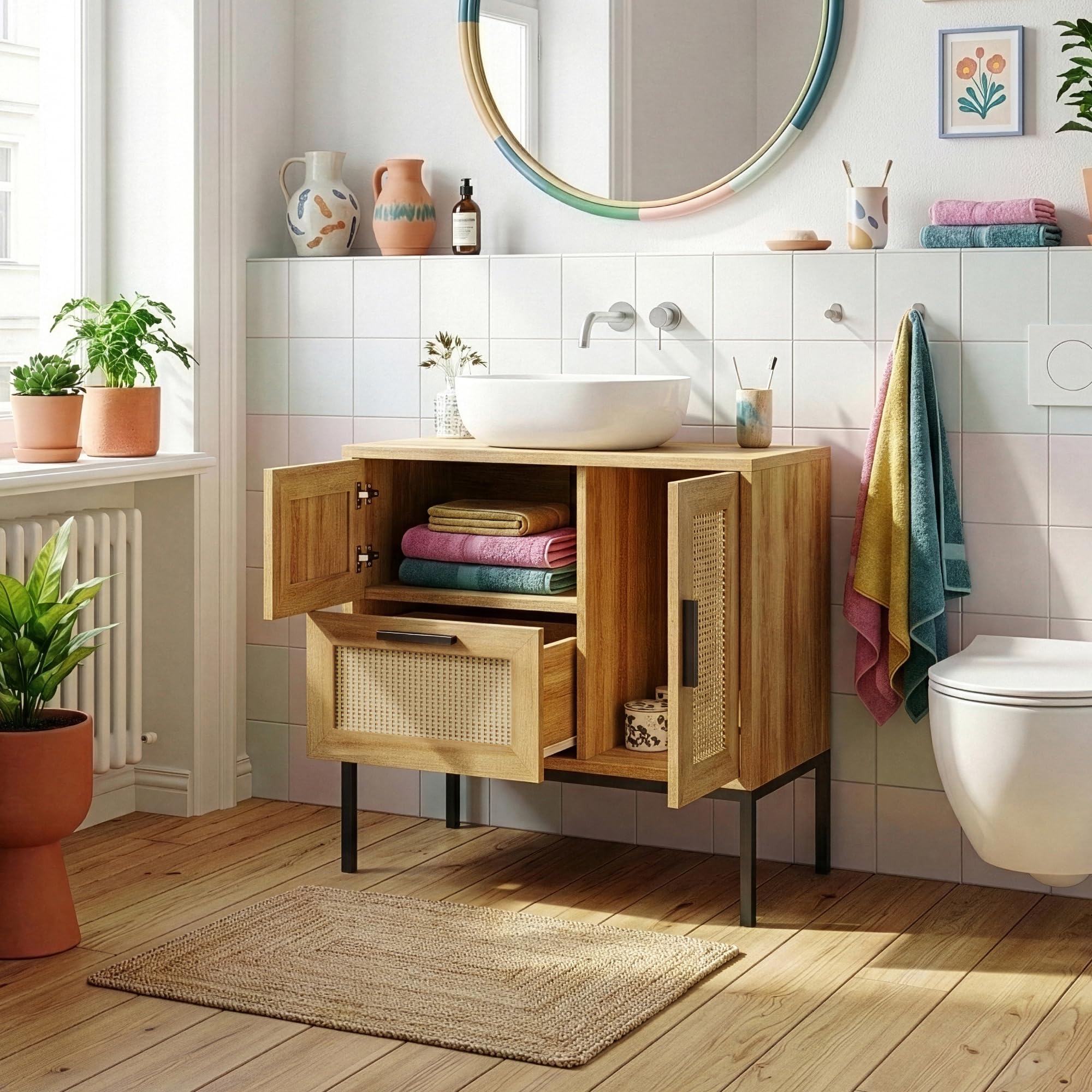 [en.casa] Meuble sous Lavabo avec 1 Porte et 2 Tiroirs avec Façade Effet Rotin Décoratif Structure Stable Métal Panneau de Particules Salle de Bain Toilette Buanderie 60 x 60 x 40 cm Effet Chêne Noir