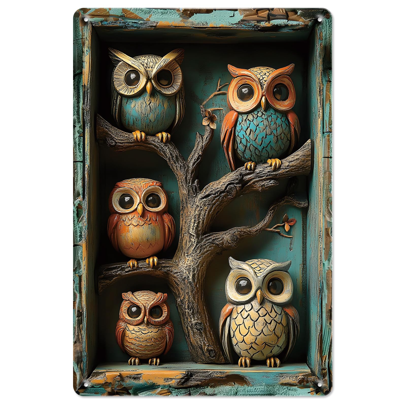 Seeyoo Owls Tin Sign 3D Visual Effect Design Metal Sign Poster Wall Decor for Home Yard Kitchen Restaurant Decoration Gift 8X12 Inch - 2D Flat Five