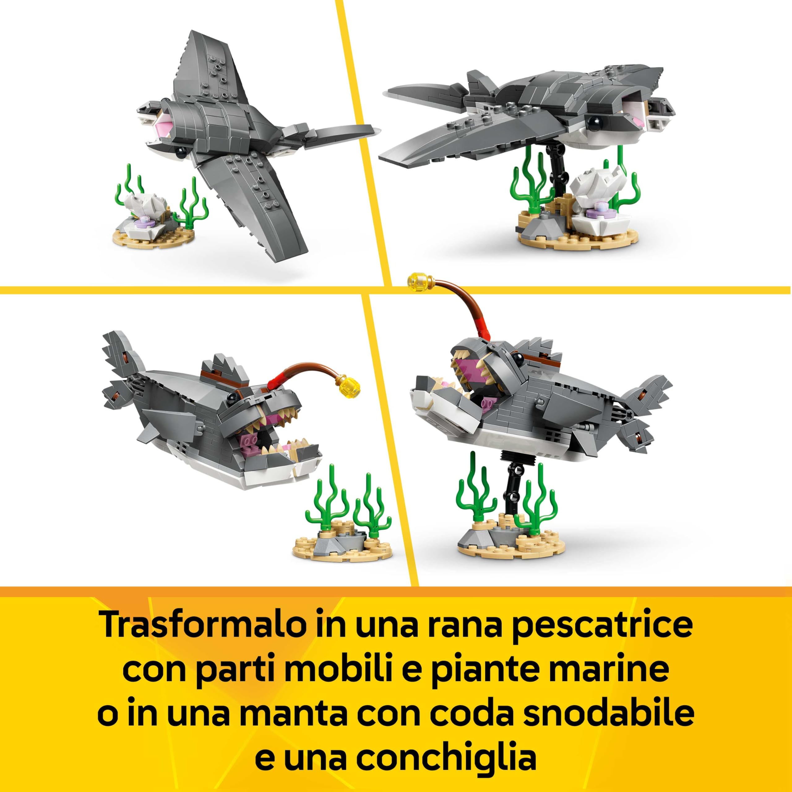 LEGO Creator 3 in 1 Squalo con Scrigno del Tesoro Giocattolo - Animale Marino Trasformabile in Rana Pescatrice o Manta - Decorazione Camera da Letto - Regalo per Bambini e Bambine da 8 Anni - 31381