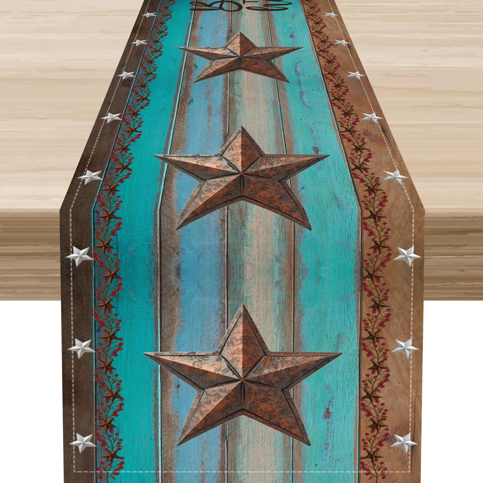 Texas Western Star Table Runner, Rustic Farmhouse Green Wooden Plank Barn Retro Cowboy Coffee Table Center Decor for Family Home Kitchen and Living