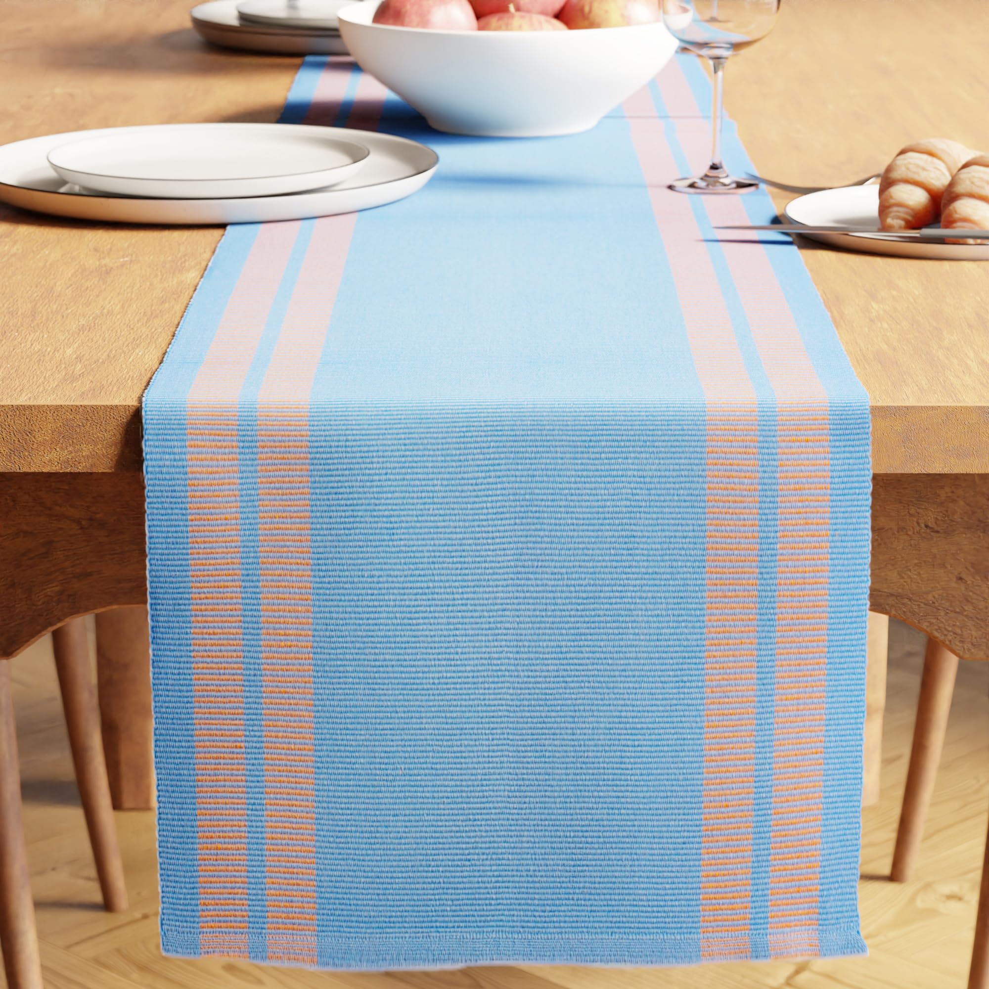 Encasa XO Table Runner | Yarn Dyed Fine Rib Cotton | Size 32 x 183 cm | Ladder Blue | Machine Washable