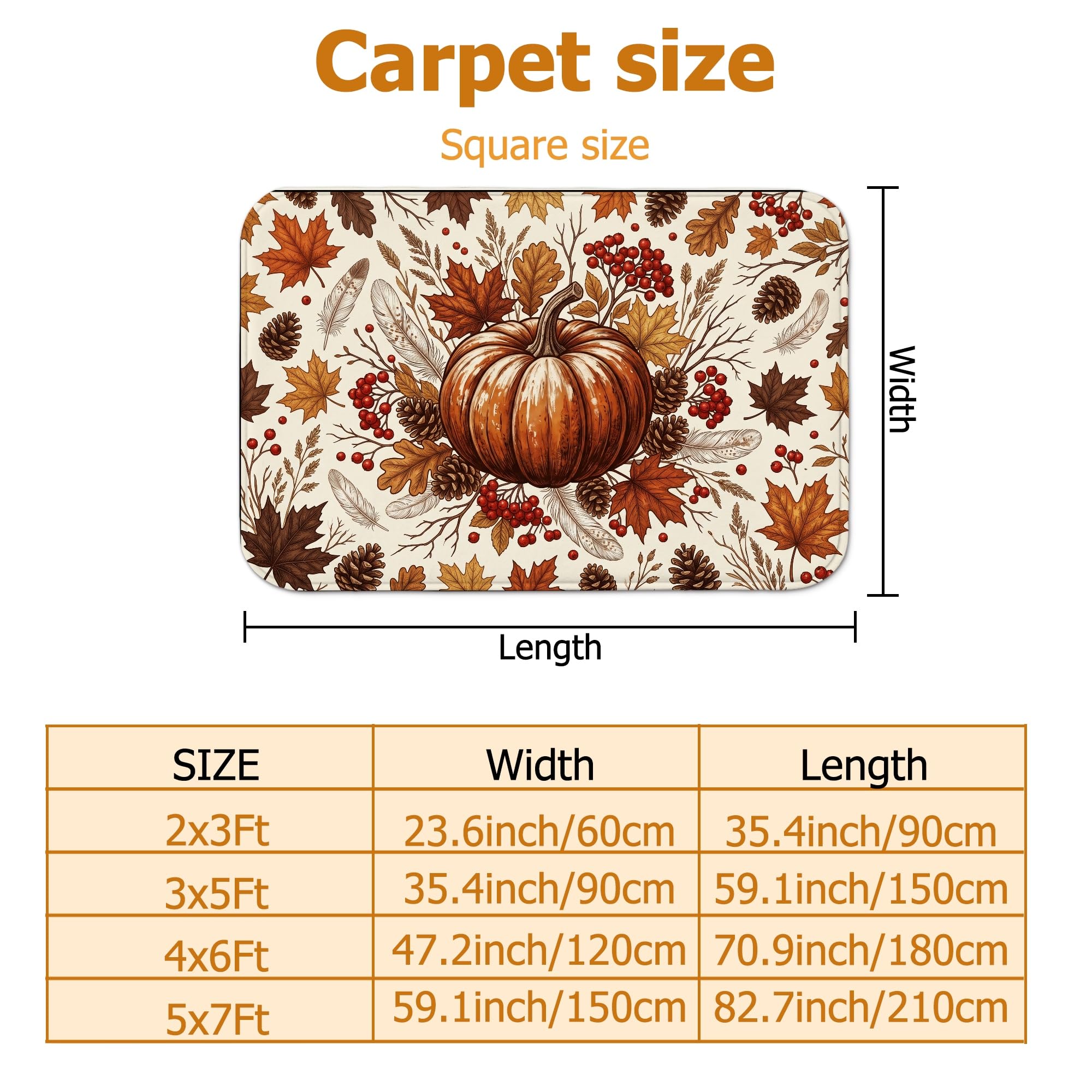 Alfombra de área de calabazas, rústica, tradicional, hojas, bayas, otoño, naranja, de pelo bajo, alfombra rectangular para el suelo, alfombras de suelo para sala de estar, dormitorio, aula, decoración