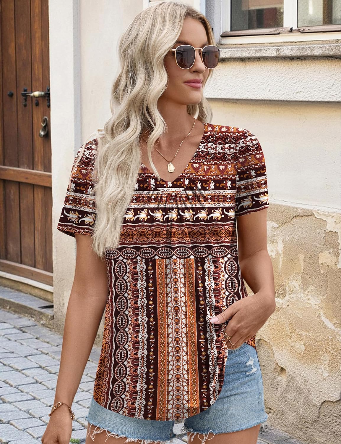 LOMON Womens Summer Tops Short Sleeve V Neck Pleated T-Shirts Loose Fit Dressy Casual Blouses S-XXL - Image 2