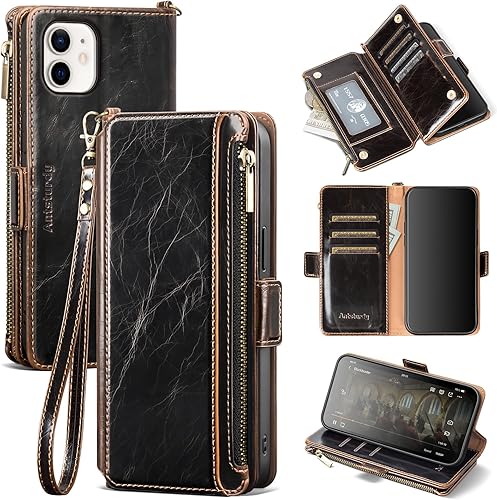 Antsturdy Funda tipo cartera compatible con iPhone 12 Mini, funda de piel sintética con bloqueo RFID, funda para teléfono para mujeres y hombres,