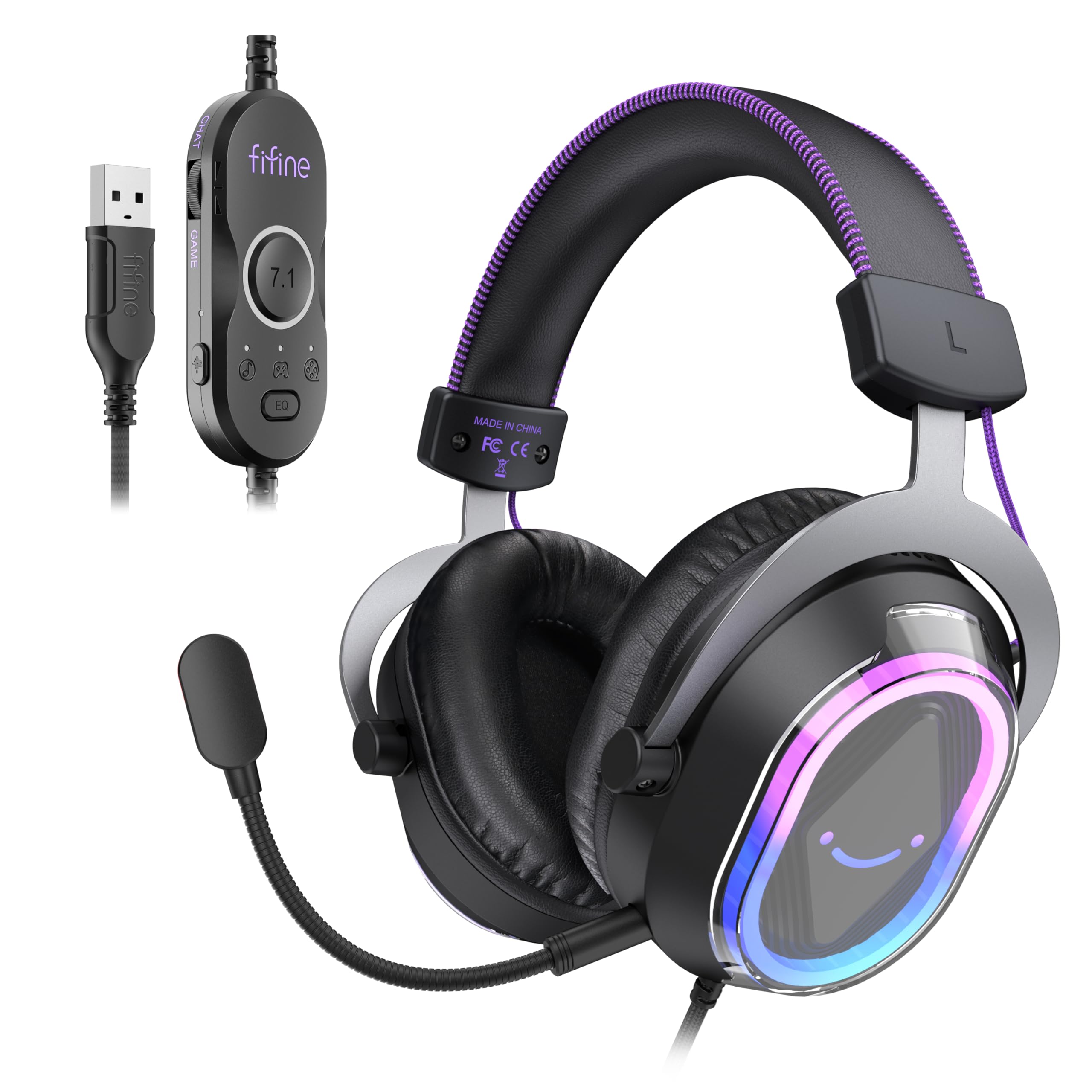 FIFINE Gamingowe słuchawki USB z balansem gry/czatu, dźwięk 7.1, mikrofon z redukcją szumów, RGB do streamingu dla Mac/PC/laptop/PS5/PS4 – H13BP