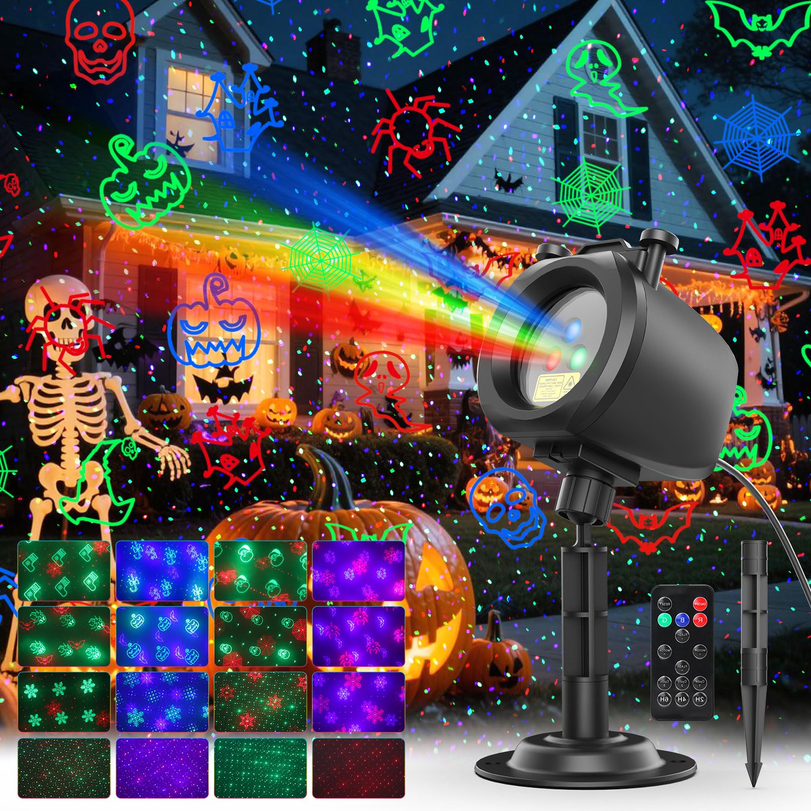 Halloween Christmas Laser Lights Projector Outdoor with 4 Dynamic Slides, 2-in-1 Moving RGB Firefly Laser Lights with Remote,Timer, Landscape Holiday