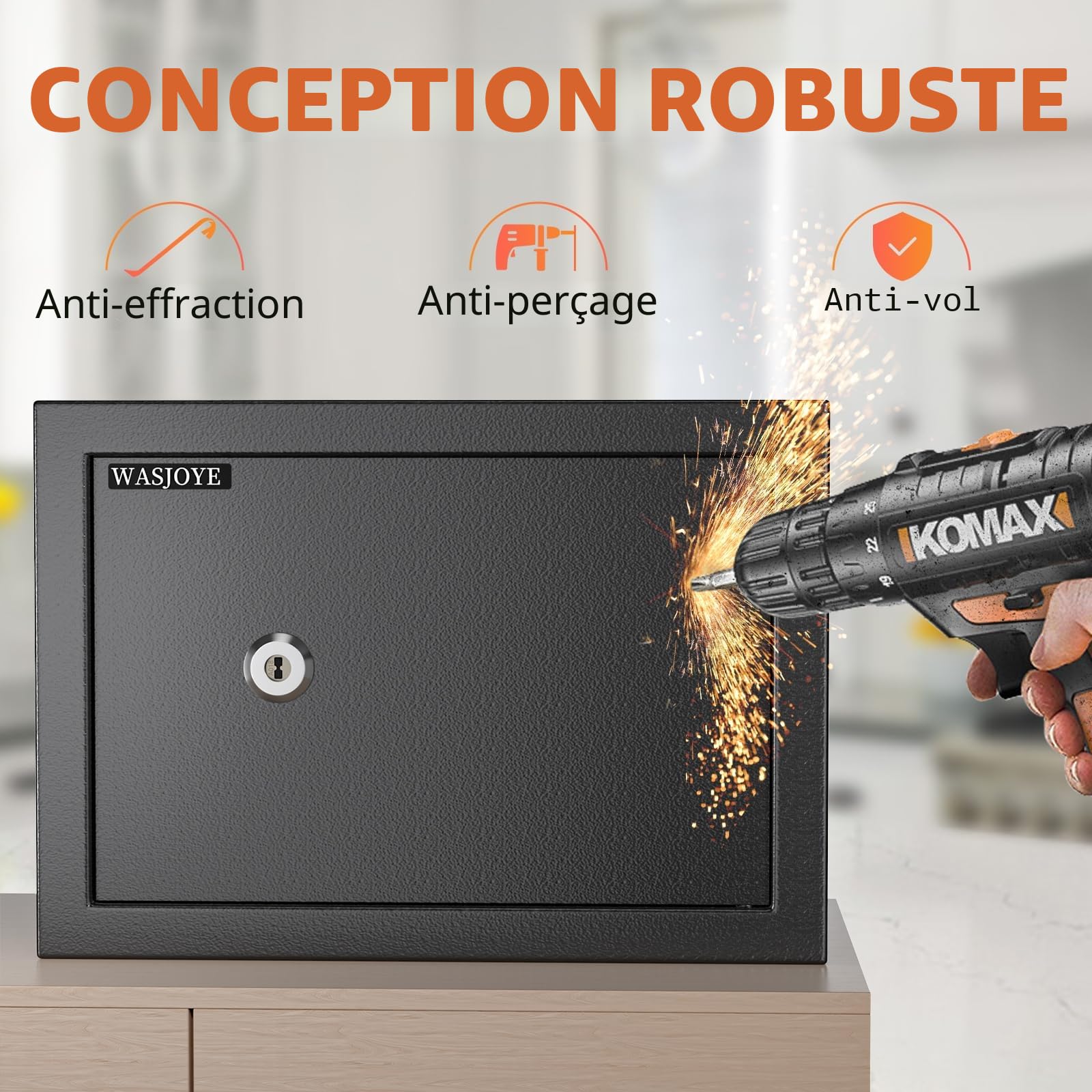 Coffre-Fort avec 2 Clés, WASJOYE Boîte de Serrure à Clé, 19L Boîte de Sécurité à Domicile/Bureaux, Coffre-Fort en Acier pour Ranger l'Argent, Bijoux, Médicaments, Téléphones, Passeports, 25*35*25cm