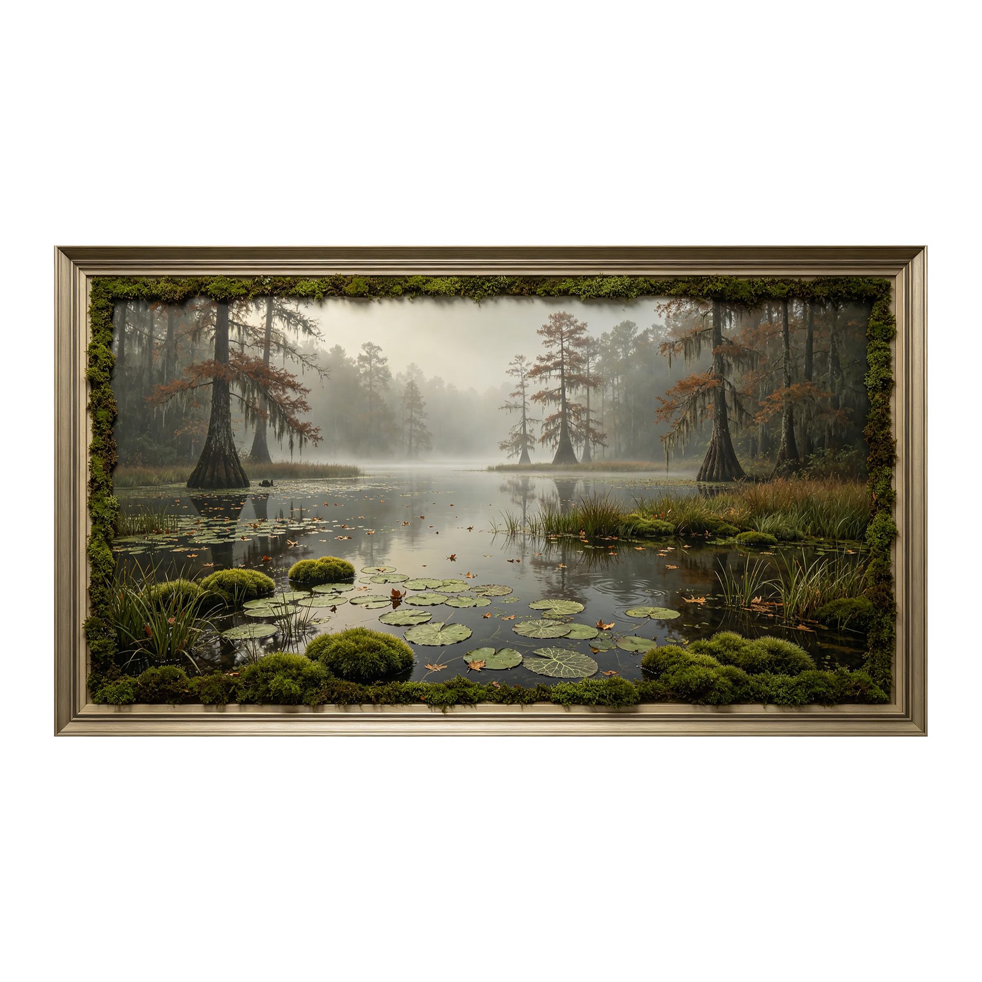 Yzpallescene 3D Framed Wall Art 50cm×100cm Misty Swamp Lake Landscape Realistic Oil Painting Large Size SelfAdhesive Removable Wall Decor Prints Artwork for Living Room Bedroom Office