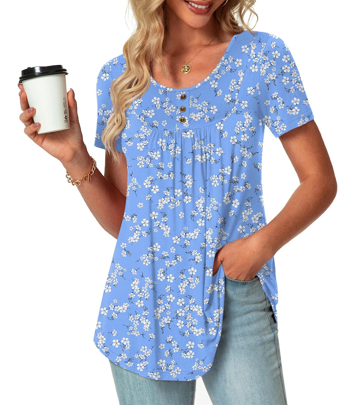 POPYOUNG Summer Womens Tunic Tops Loose Fit dressy Casual Short Sleeve Shirts to wear with Leggings