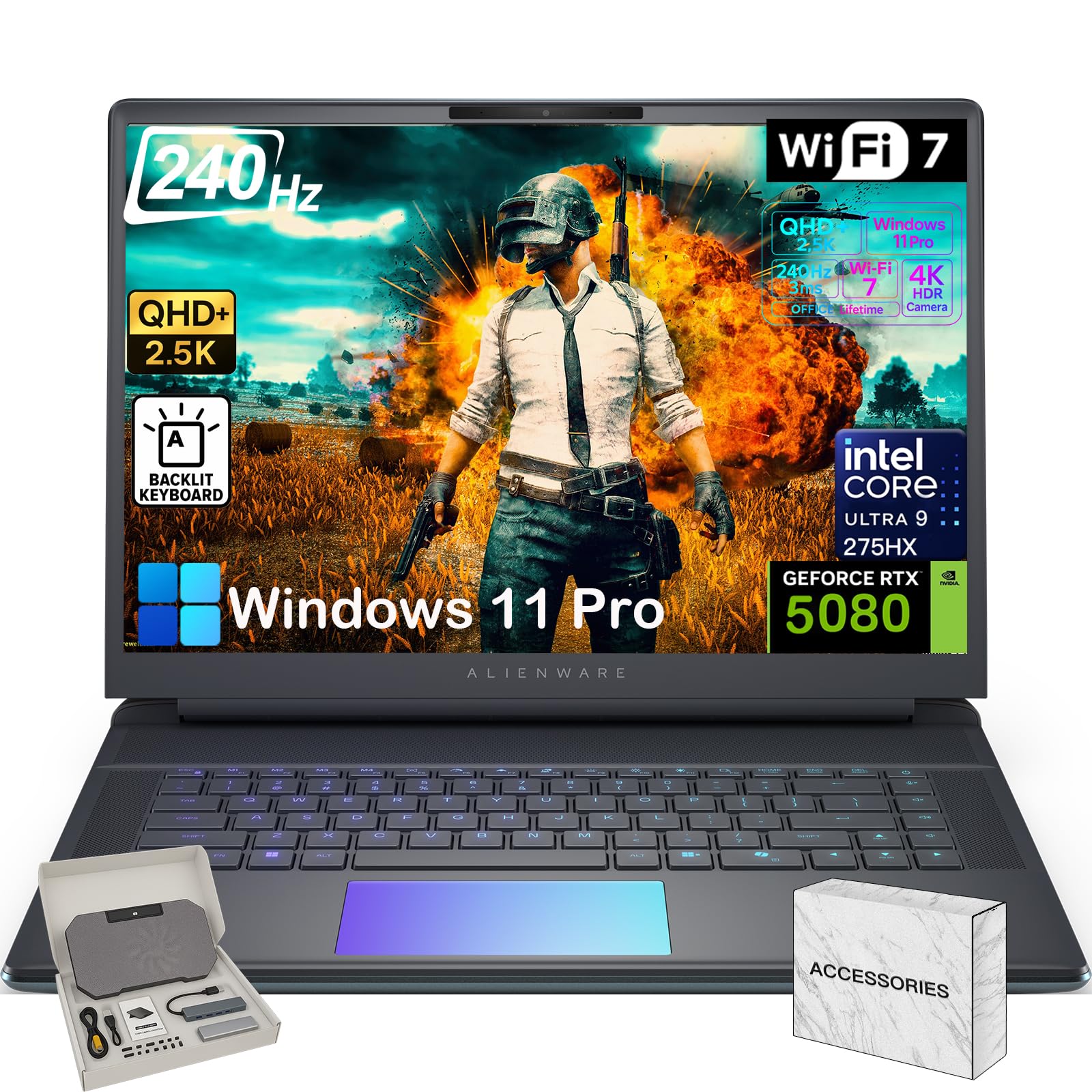 Alienware 18 Area 51 Gaming Laptop - Intel 24-Core Ultra 9 275HX CPU, NVIDIA RTX 5080 16GB GDDR7, 18 Zoll WQXGA 300Hz Display, 64GB DDR5, 8TB SSD, Win 11 Pro, Tastatur mit