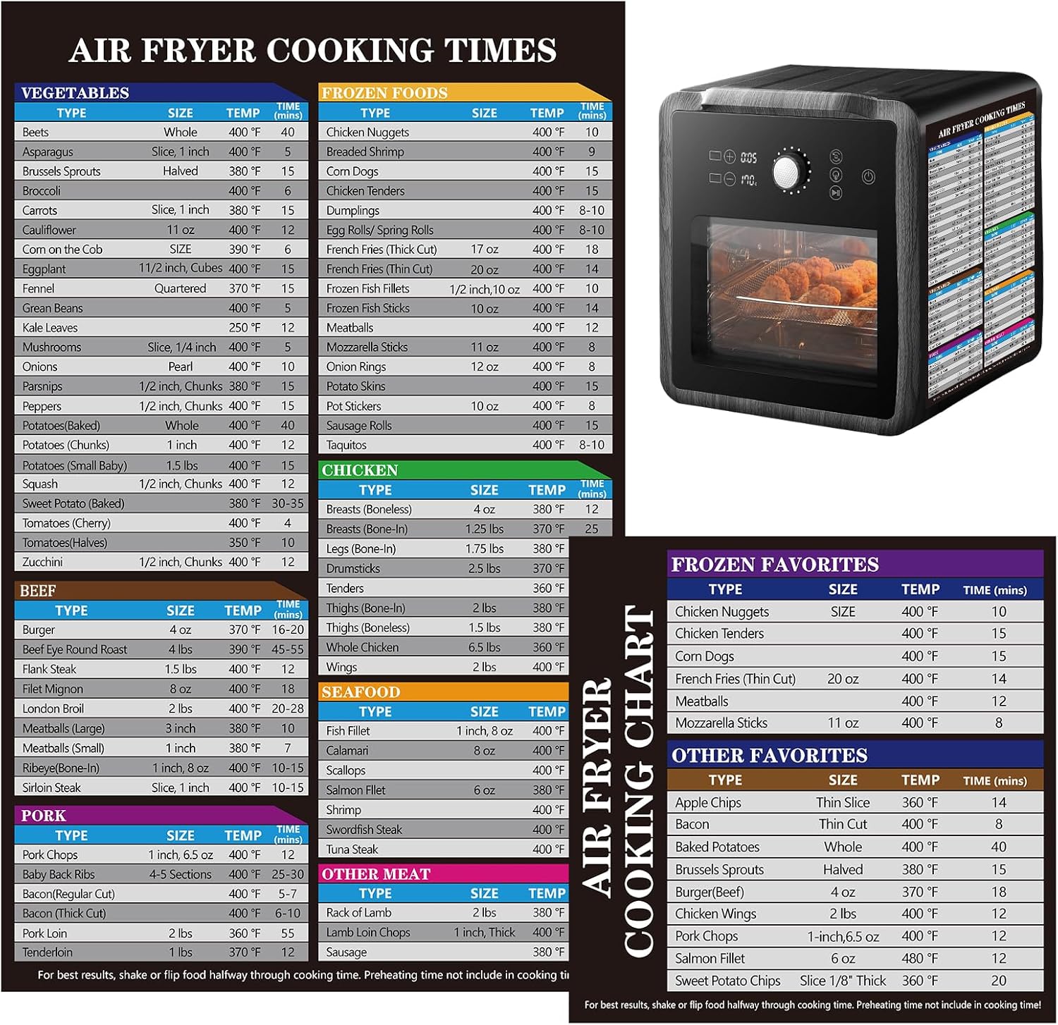 UBeesize Air Fryer Magnetic Cheat Sheet Cooking Times Chart, Must Have Air Fryer Accessories, Healthy Airfryers Cookbook Accessory Liners Food Kitchen Conversion, Cooking Guide for Beginners(2 Pack)