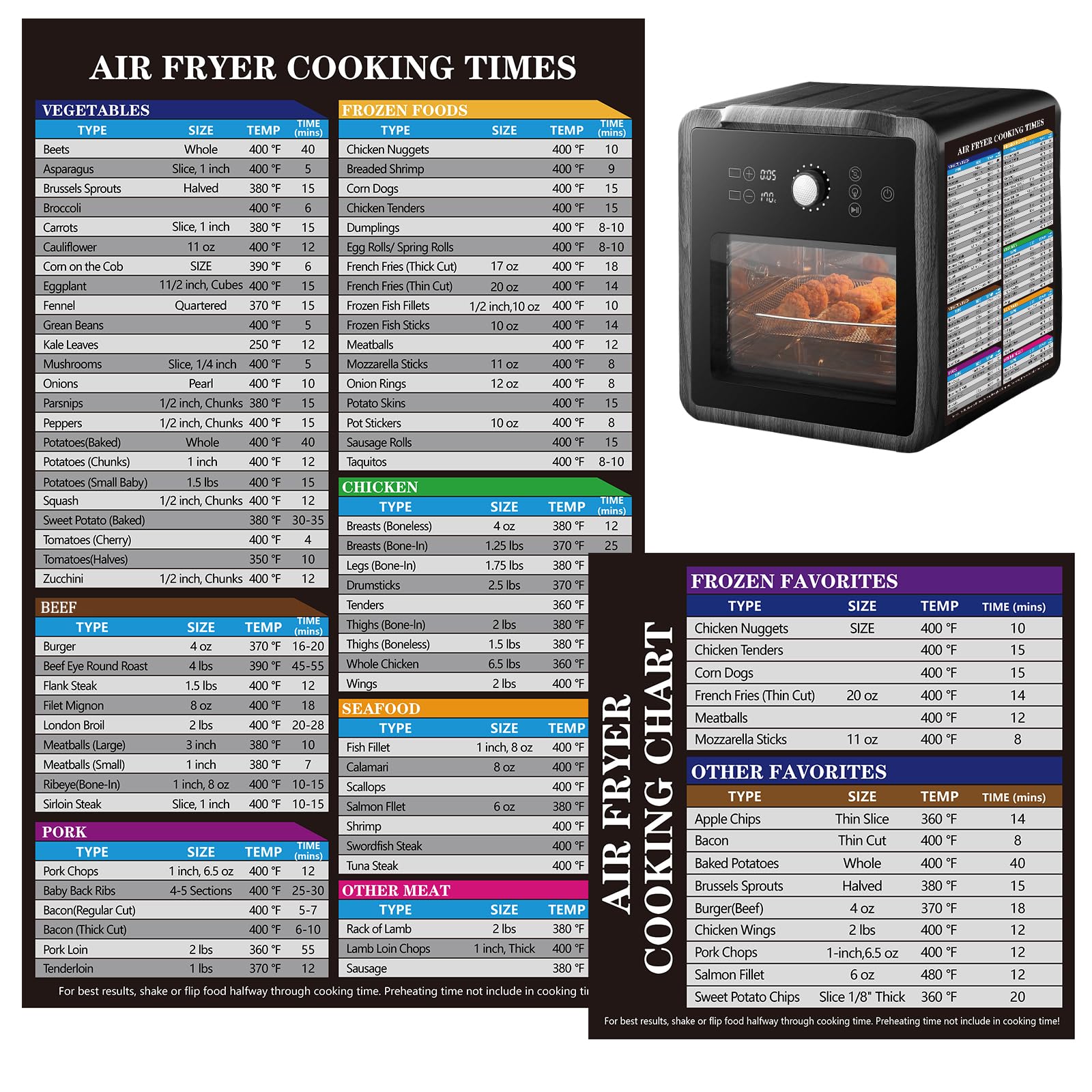 UBeesize Air Fryer Magnetic Cheat Sheet Cooking Times Chart, Must Have Air Fryer Accessories, Healthy Airfryers Cookbook Accessory Liners Food Kitchen Conversion, Cooking Guide for Beginners(2 Pack)