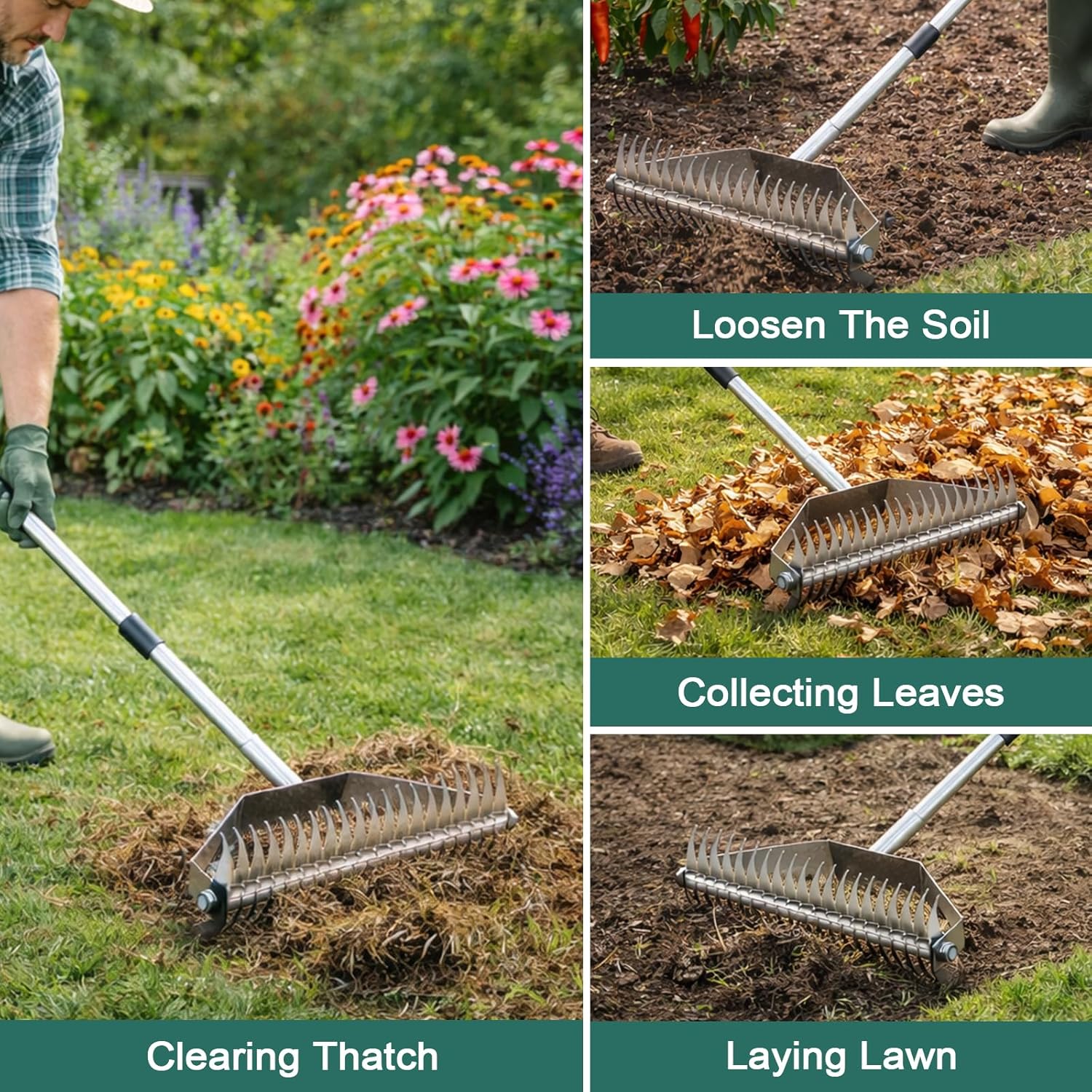 Dethatching Rake for Lawn, 15.6" Thatch Rake with 20 Curved Tines, Manual Lawn Dethatcher with 66" Adjustable Handle, Heavy-Duty Stainless Steel for Removing Dead Grass & Soil Loosening