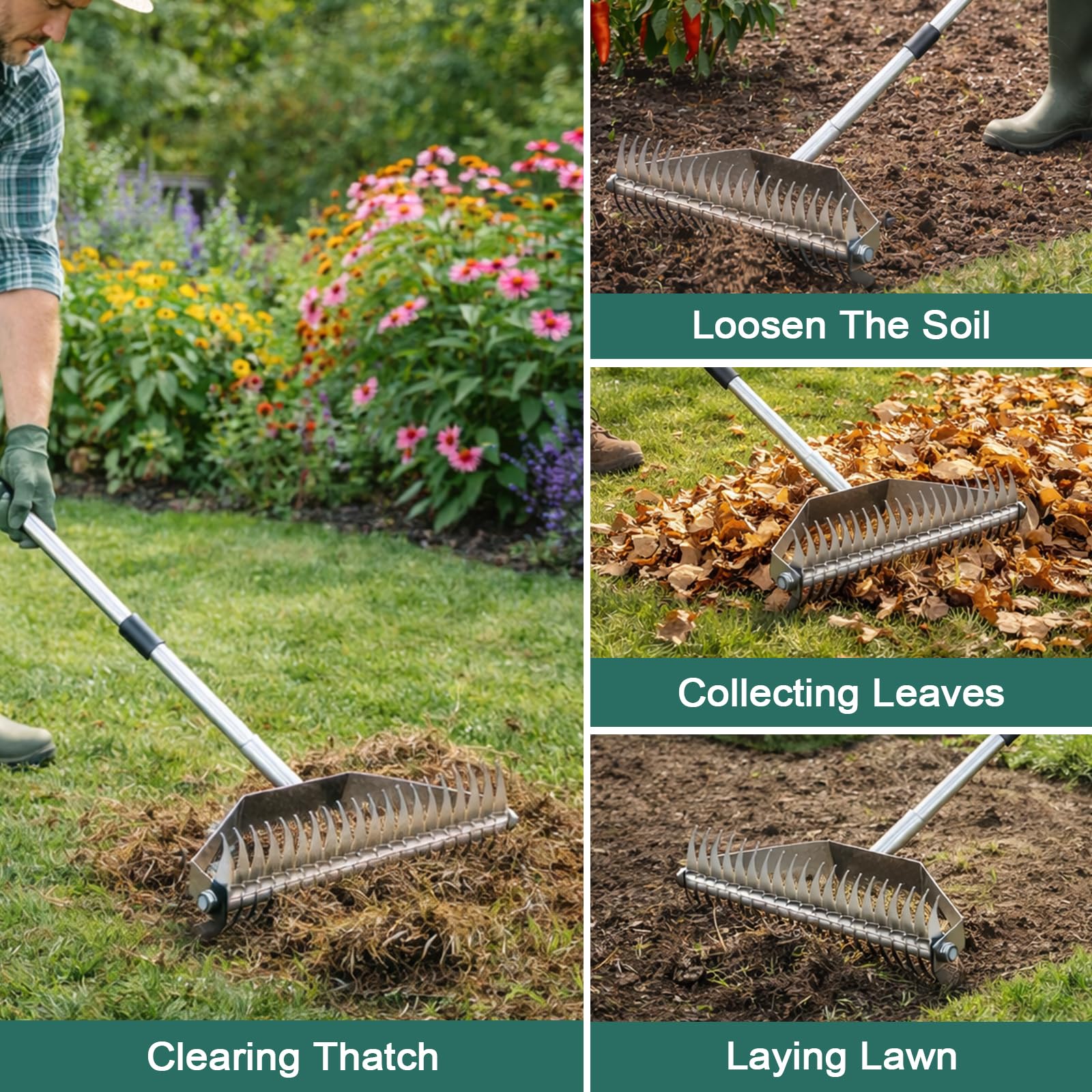 Rastrillo nivelador de césped de 36" x 10", nivelador de césped de metal resistente con mango largo ergonómico de 77", herramienta niveladora de césped, rastrillo paisajístico para jardín, patio, cé