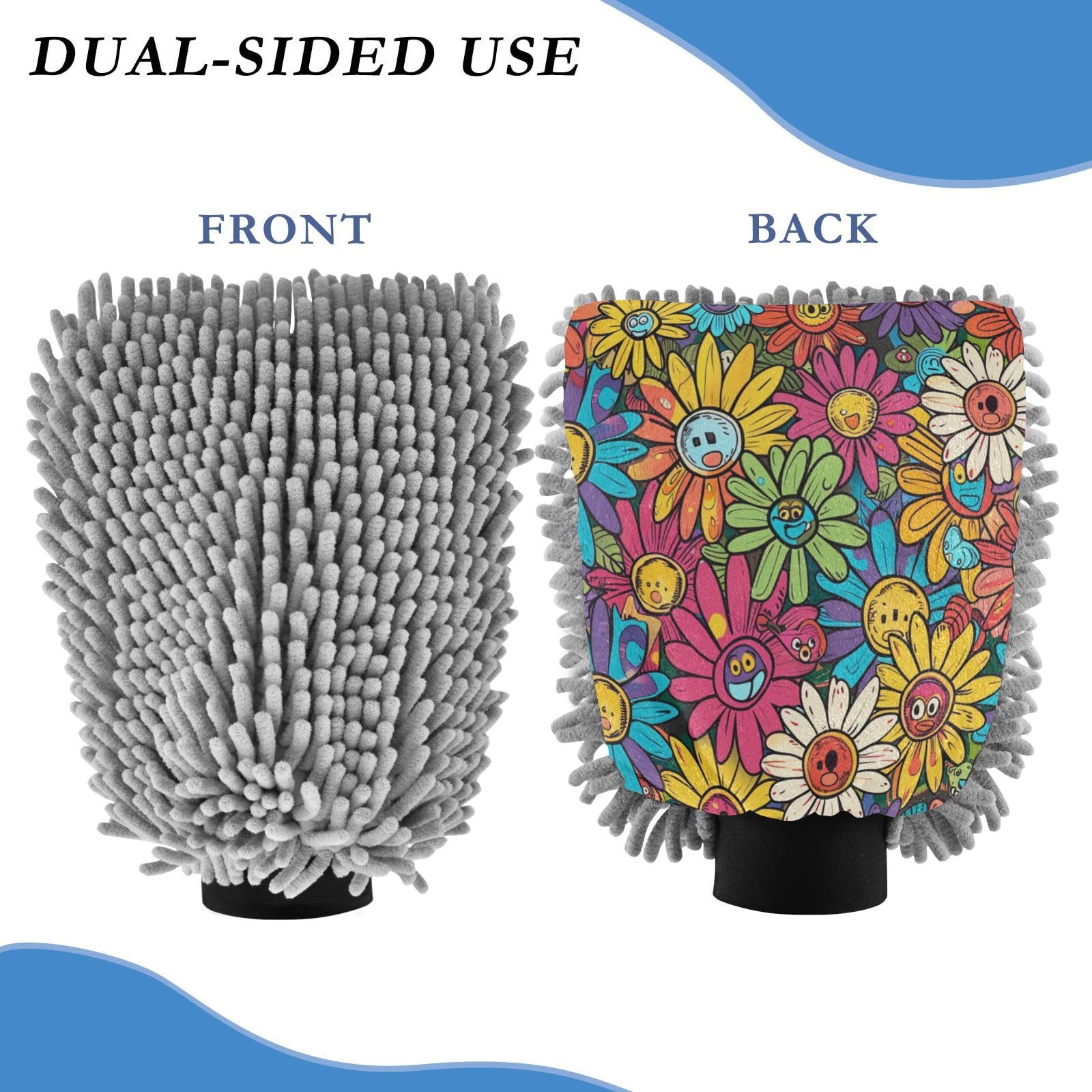 ALAZA Colorful Daisy Flower Cartoon Car Wash Mitt Scratch Free, 2 Pack Absorbent Microfiber/Chenille Washing & Drying Mitts, L