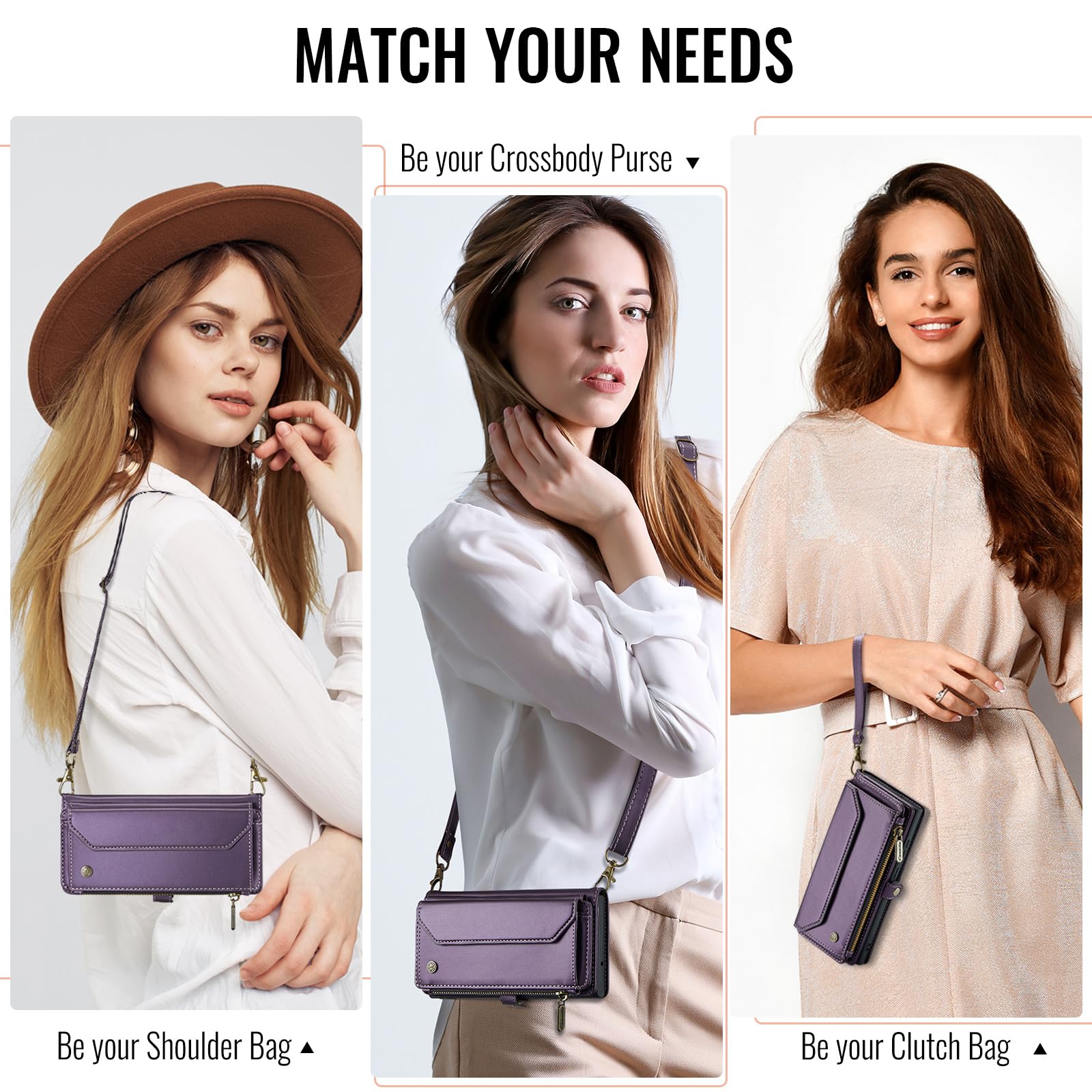 Dteck Custodia a portafoglio per iPhone 16 2024, con tracolla e cordino da polso, blocco RFID, slot per carte e tasche, custodia protettiva in pelle PU con funzione borsa/supporto, viola