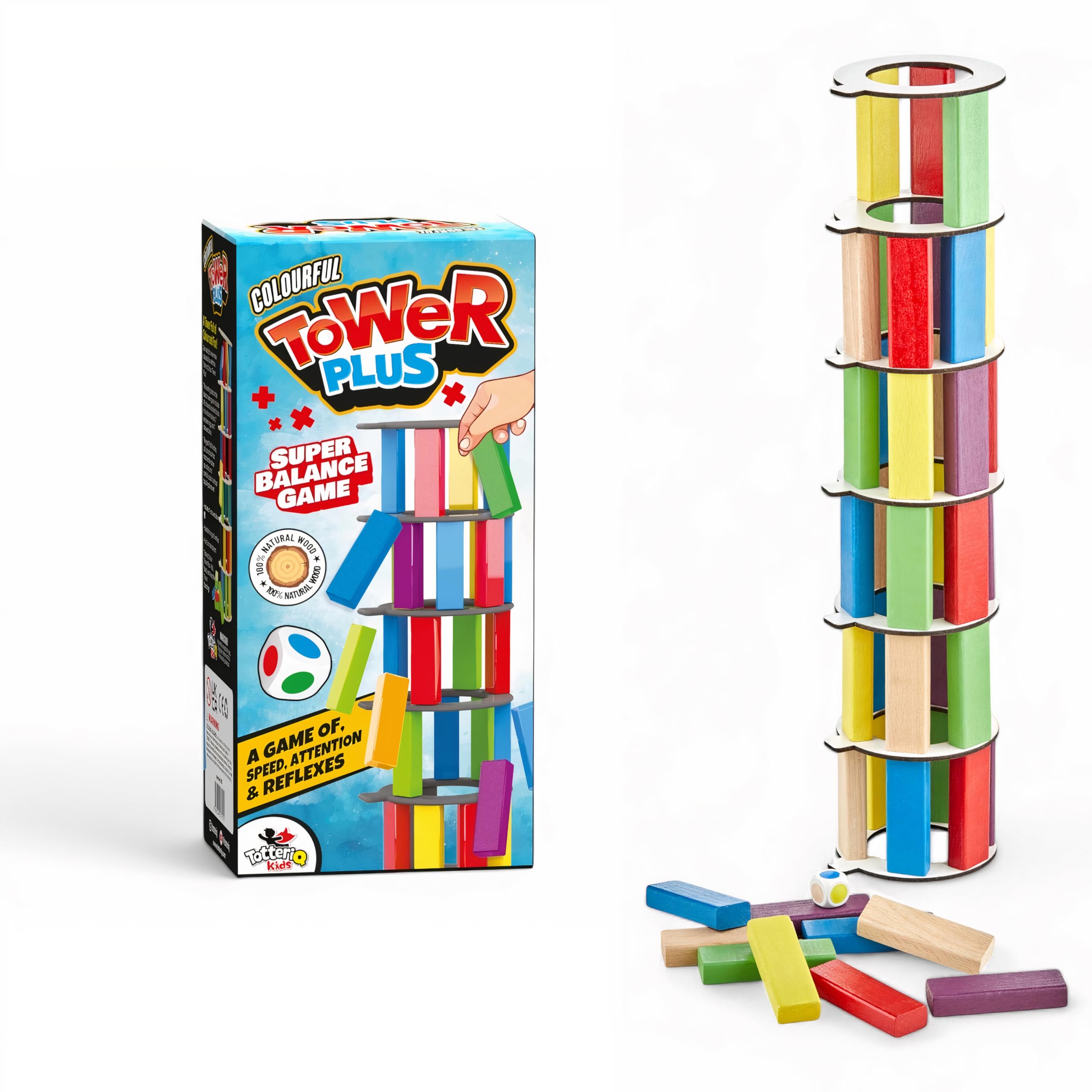 totteriq Colour Tower Plus  50-Piece Stacking Game with Dice & Wooden Rings  Tumbling Block Game for Kids & Adults  Fun, Educational Game to Improve Focus, Balance & Coordination  Ages 5 plus
