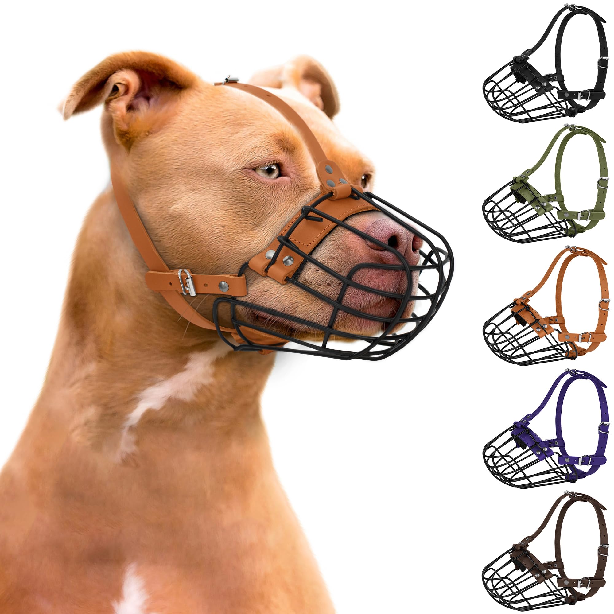 Pitbull - Bozal para perro, cesta de metal transpirable para perros grandes, máscara de alambre segura Amstaff Staffordshire Terrier, correas de cuero duraderas ajustables para morder, masticar