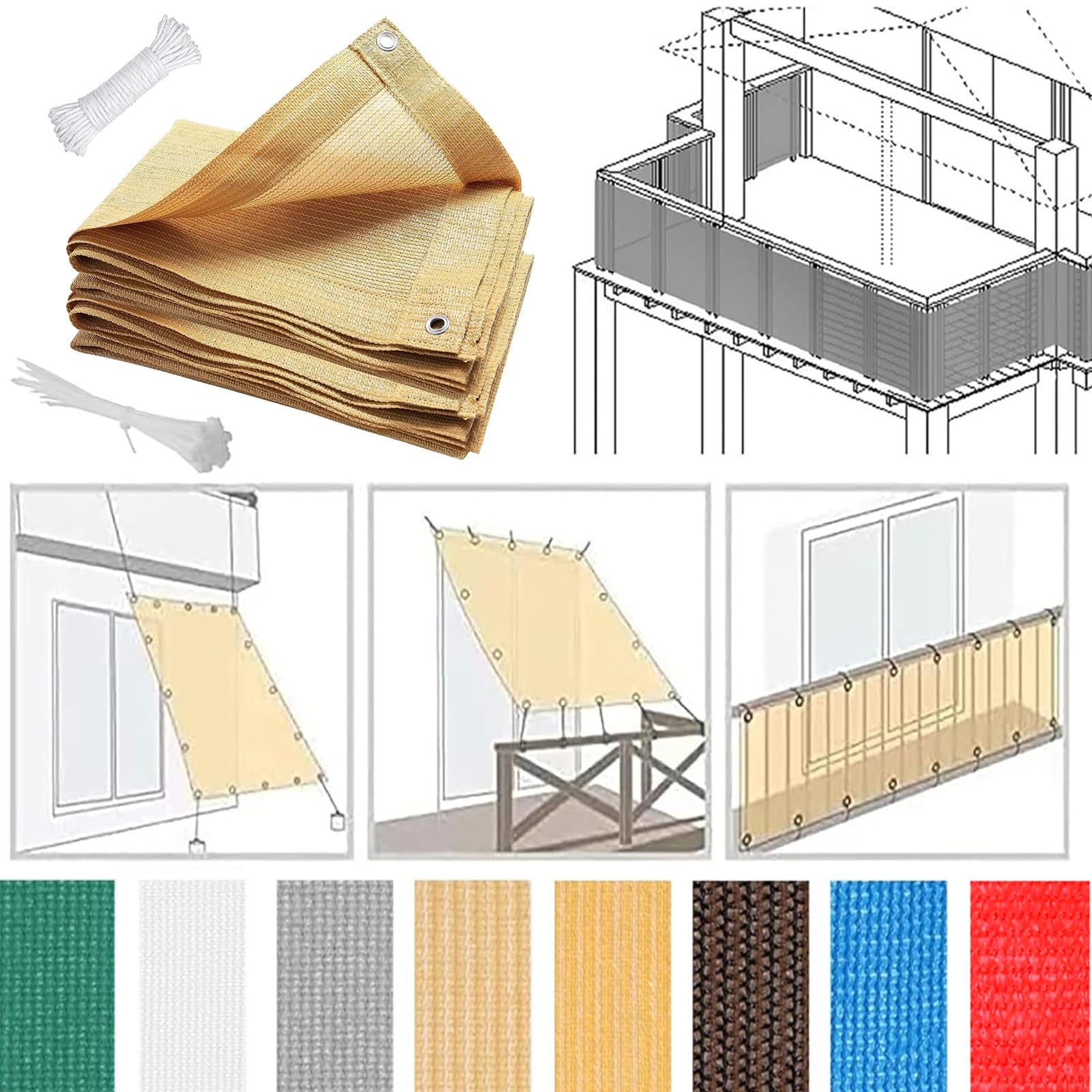 Brise Vue Balcon Extérieur 130 x 300 cm HDPE 220G/M², Protection Contre Soleil, Résistant Aux Intempéries Écran de Confidentialité pour Balcon pour Jardin Patio, Jaune Sable