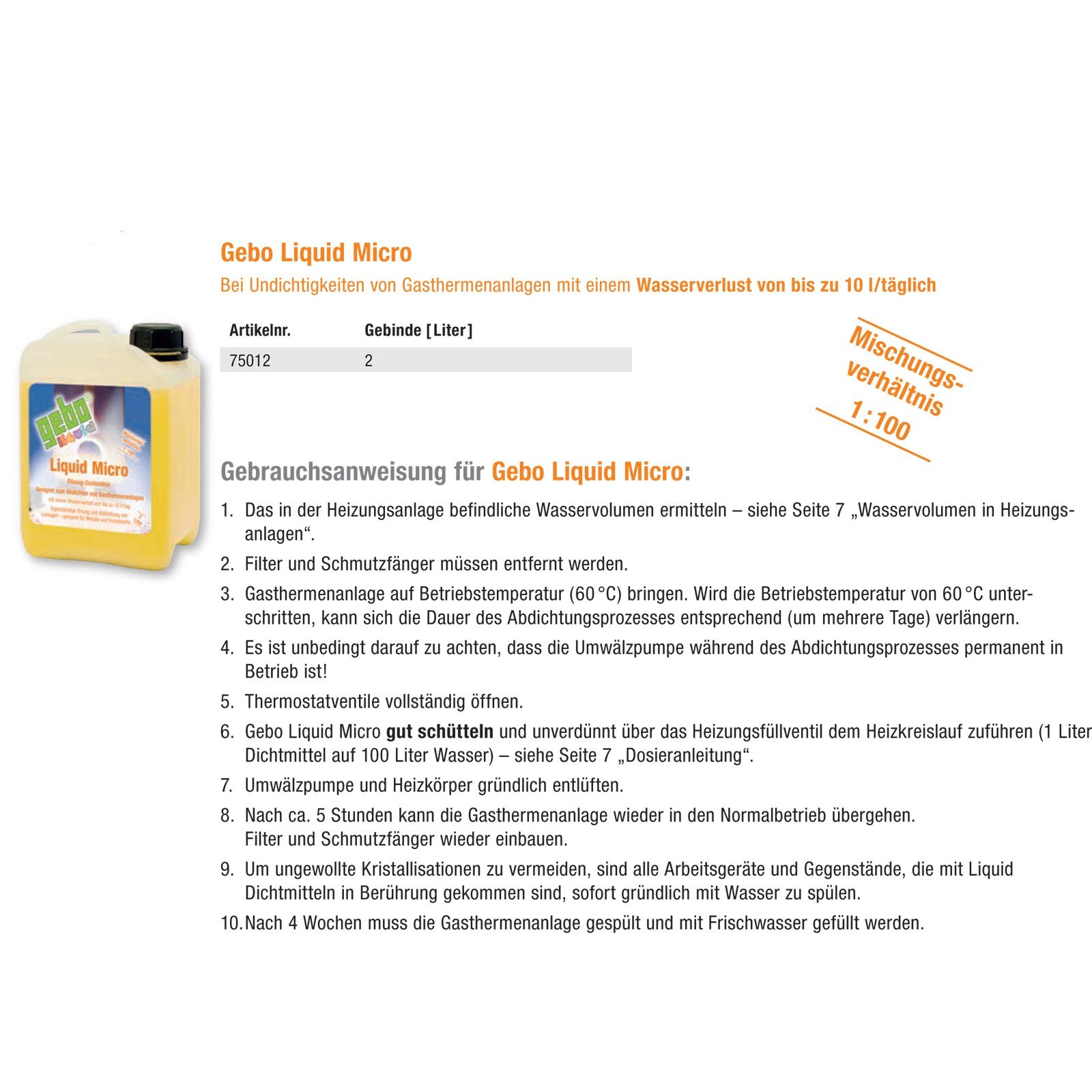 Gebo 75012 Liquid Micro 2l Dichtmittel Flüssigdichtmittel Heizungsdichtmittel für Gasthermenanlagen und Brennwertanlagen