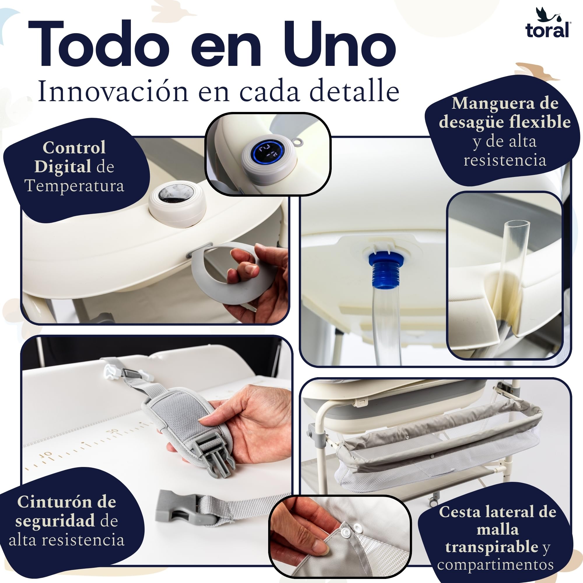 toral Bañera bebe plegable con cambiador y patas regulables - Bañera cambiador bebe plegable con termómetro, ruedas con freno y almacenamiento - Ideal para recién nacidos y bebés hasta 36 meses