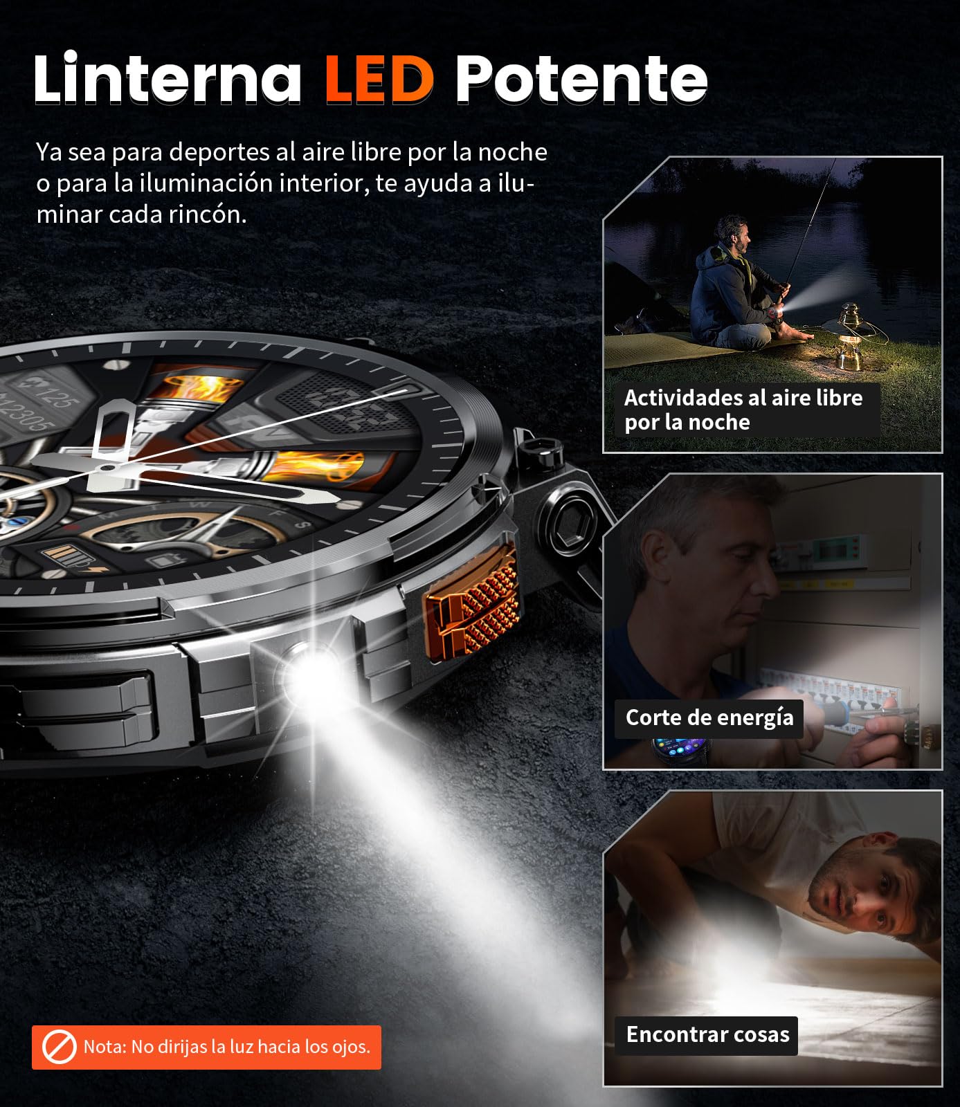 Reloj Inteligente Hombre-1.85'' Grande Pantalla /730 mAh Batería,Smartwatch Hombres con LED Linterna/120+ Modos Deporte,IP68 Impermeable,24/7 Frecuencia Cardíaca,Monitor de Sueño para Android iOS