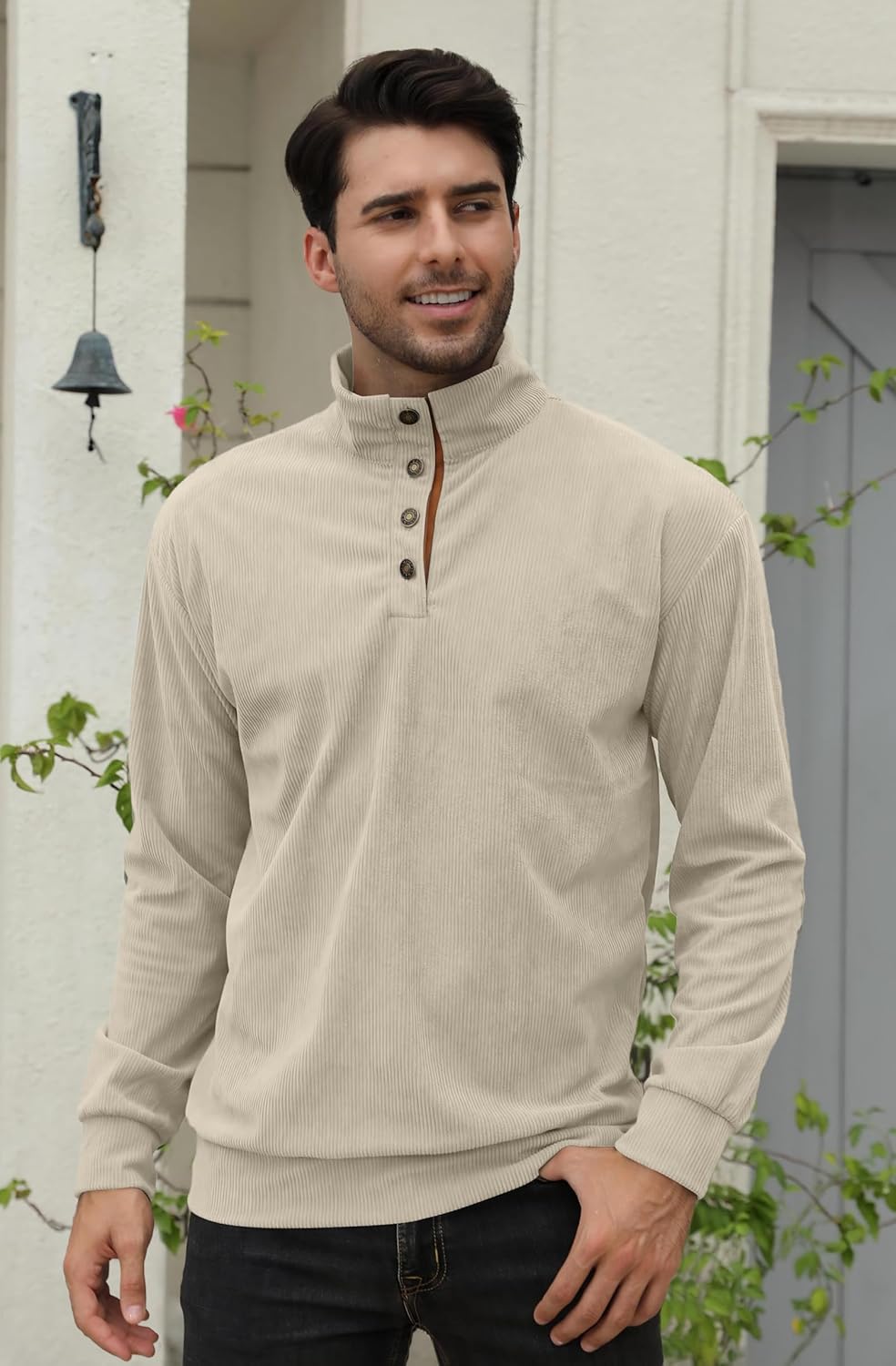 UNQPJUS Men's Fashion Corduroy Sweatshirt Long Sleeve Button-Down Shirt Stand Collar Pullover Sweater - Image 2