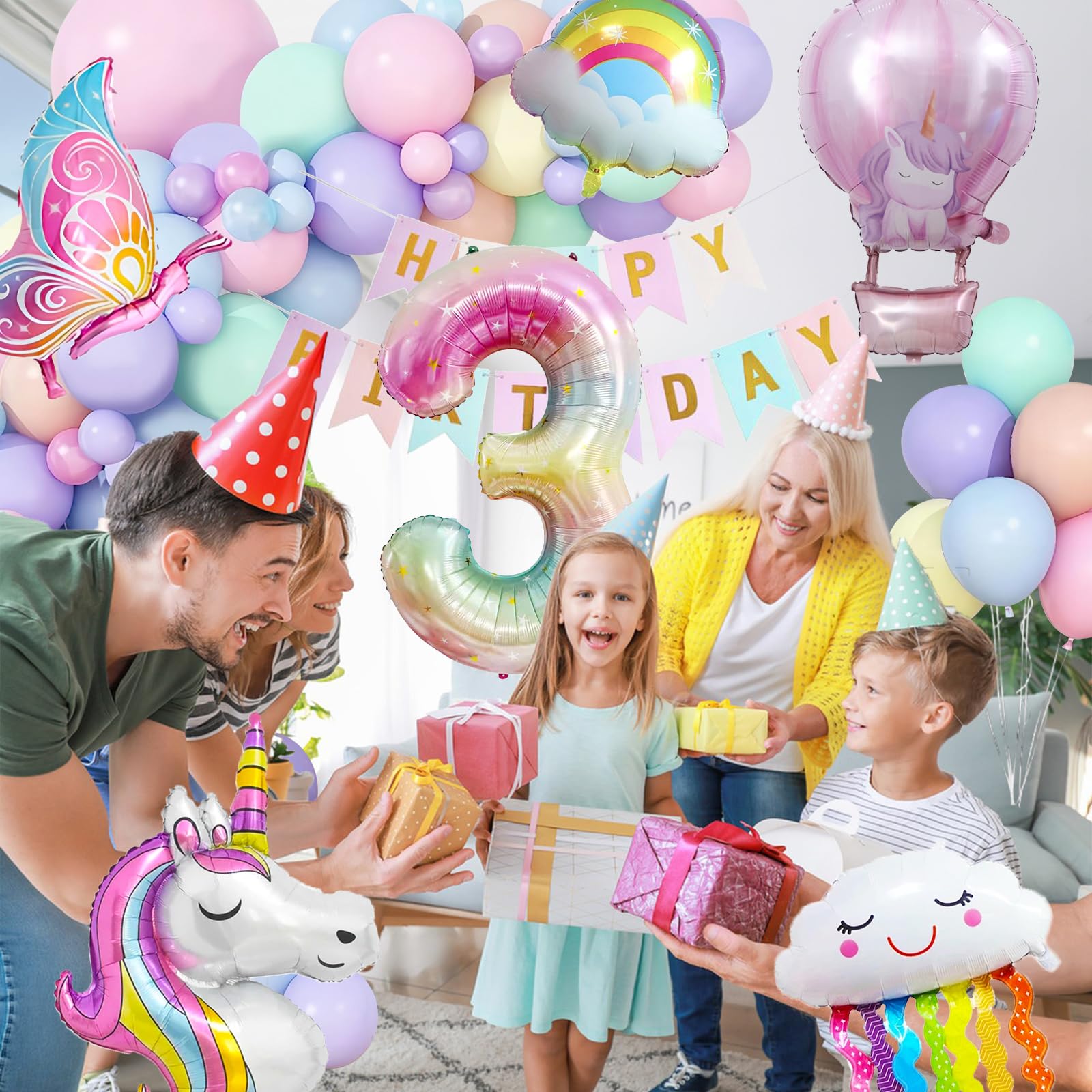 Unicorn Verjaardag Eenhoorn 3e Verjaardagsdecoratie Set - Feestballonnen \u0026  Banner - Roze/Paars Thema - Voor Meisjesfeest Eenhoorn Verjaardagsset, image size:1600x1600