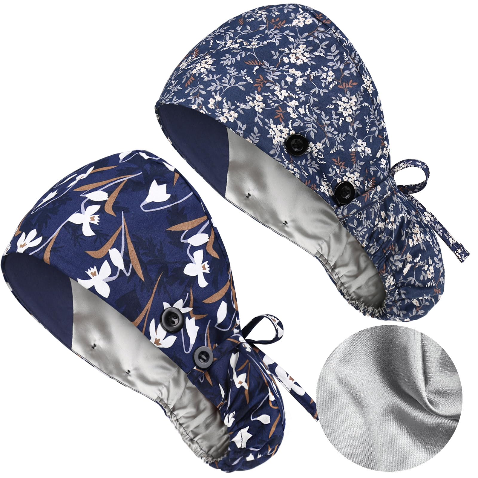 Photo 1 of 2 Pack Satin Lined Scrub Caps with Buttons & Sweathand, Surgical Caps for Women