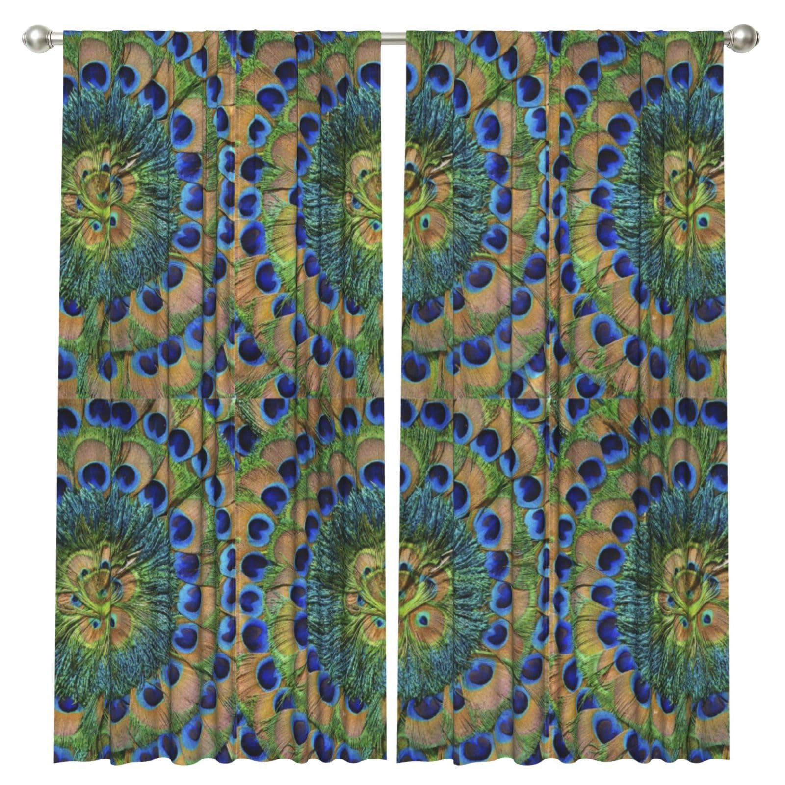InOmak Fashion Peacock Feathers, 2 Panels Window Curtains 52 x 84 Inch Blackout Curtains for Living Room Bedroom