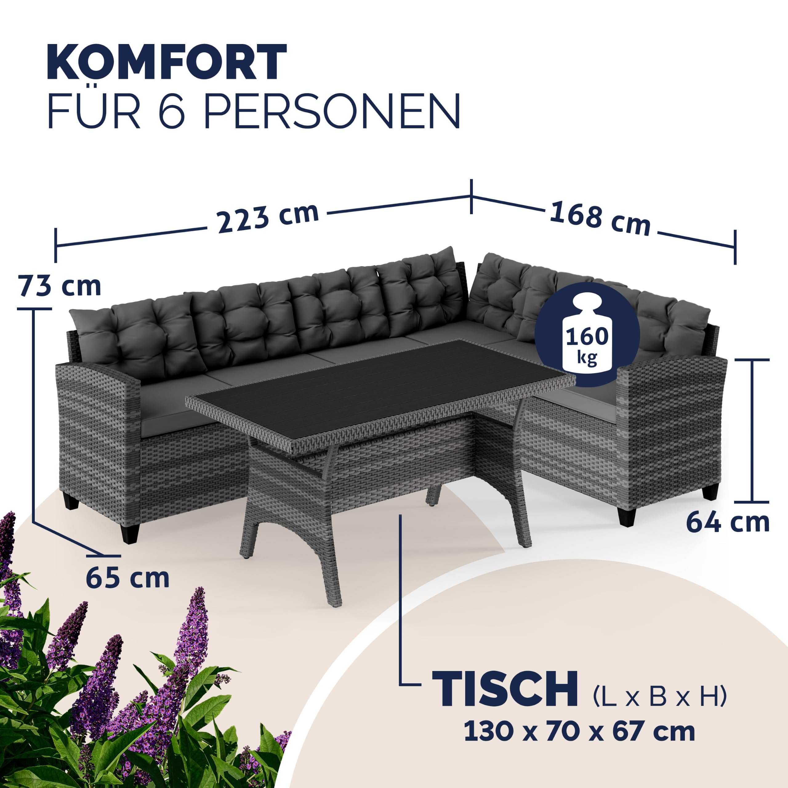 Casaria® Polyrattan Ecklounge Set WPC Esstisch Ecksofa inkl. 7 cm Sitzauflagen 15 cm Kissen Wetterfest Outdoor Lounge Garten Terrasse Balkon Möbel Grau