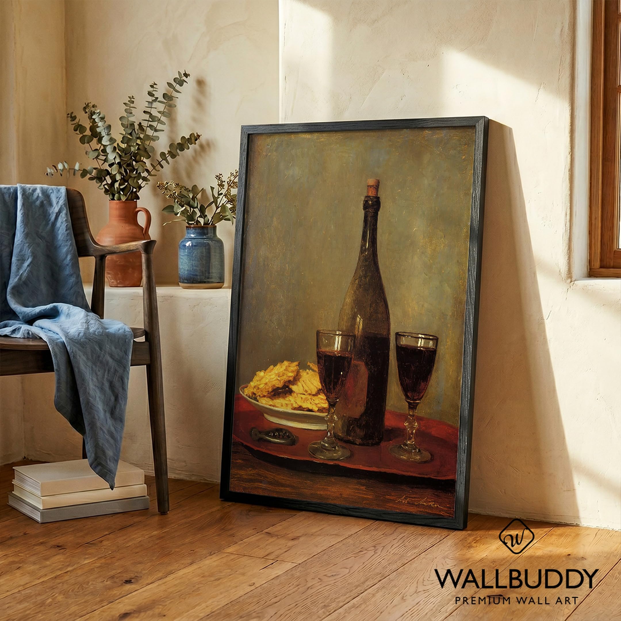 WallBUddy Wein und Cracker Stillleben | Klass (30 x 40 cm, Schwarz gerahmt)