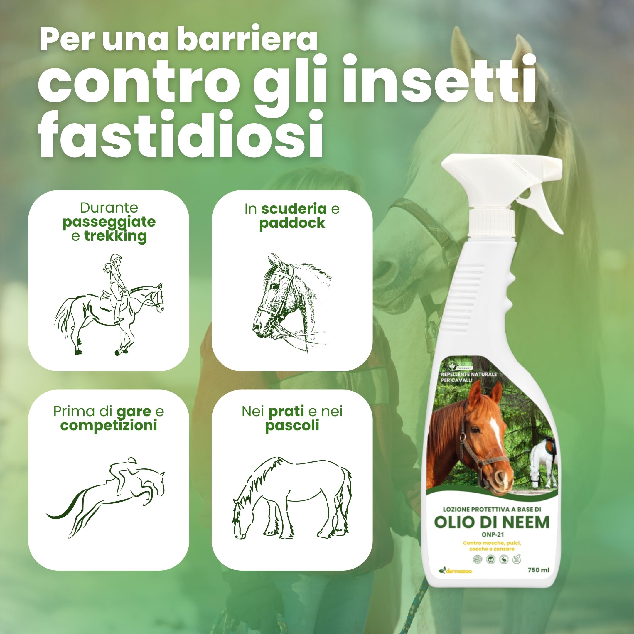 Dermazoo Olio di Neem per Cavalli ONP-21, Repellente Cavalli Antipulci 2 x 750ml, per Pidocchi, Zanzare, Zecche, Mosche e Tafani, Lozione Spray Antizanzare Sicura, Naturale e Specifica