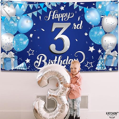 Miniatura 6 de KatchOn, Cartel de tercer cumpleaños azul y plateado  Xtralarge, 72 x 44 pulgadas  Decoraciones azules de tercer cumpleaños para niños y niñas