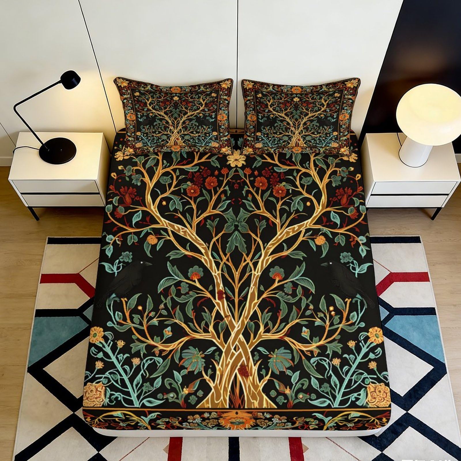3D Printed Tree of Life Fitted Sheet Microfiber Soft Botanical Floral Mattress Cover for Bedroom Dorm Easy Care 160x200x25cm