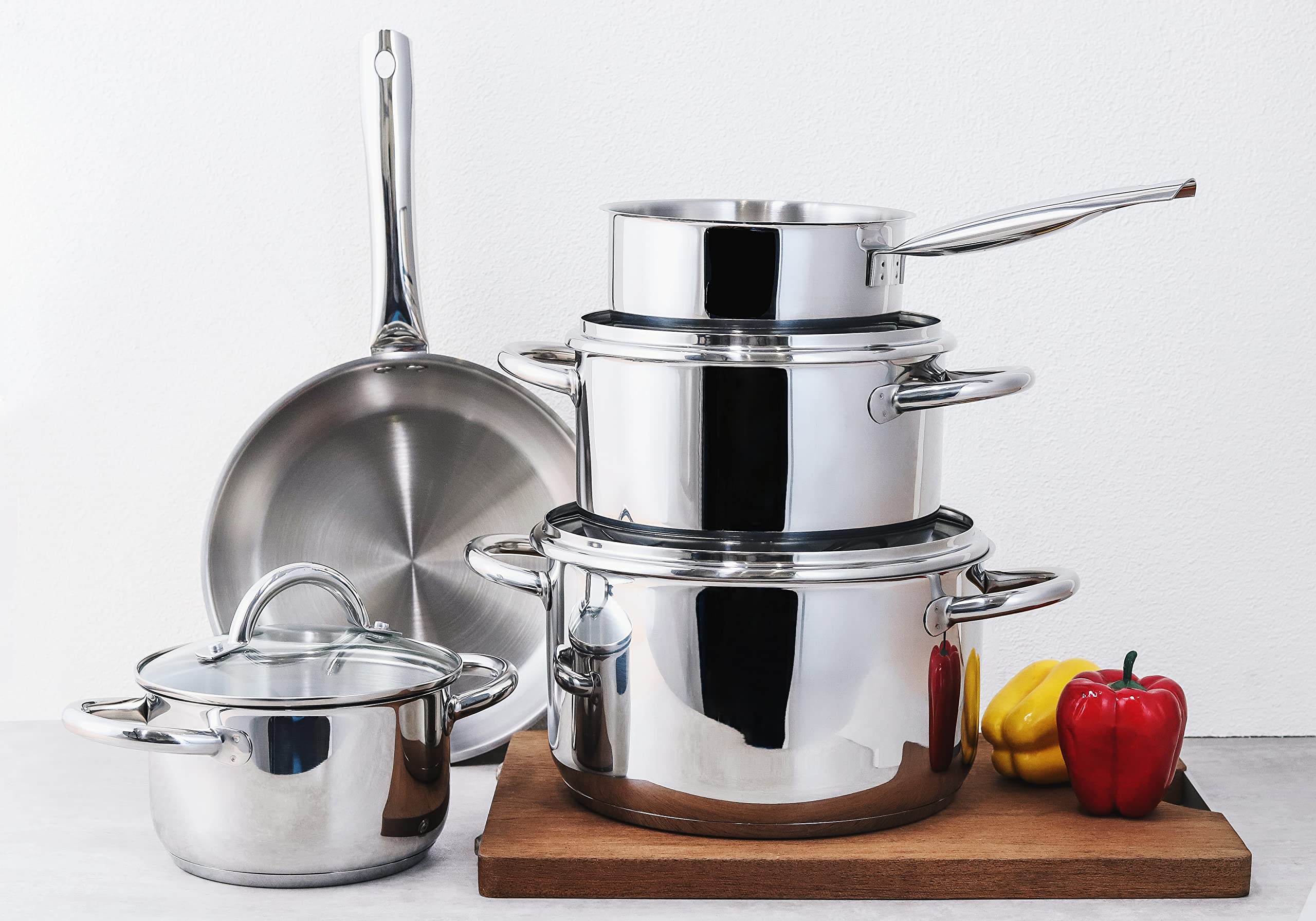 Echtwerk Juego de 8 cacerolas de acero inoxidable - Con tapa de cristal - 3 cacerolas - Para todas las cocinas - Edición plateada
