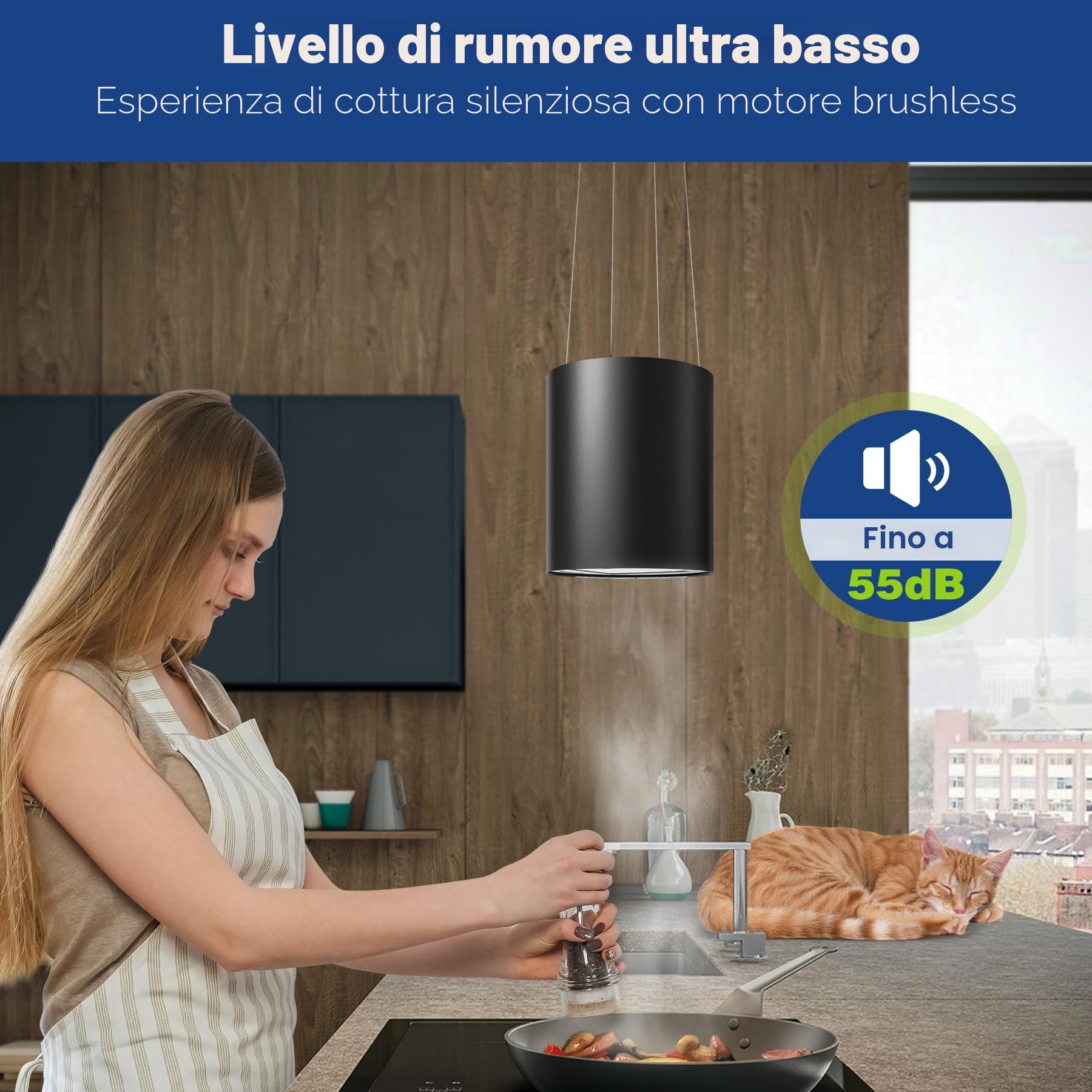 SNDOAS Cappa Sospesa, 700 m³/h Cappa Aspirante a Isola con Filtro Carbone, Telecomando, 35cm Cappa Cucina a Ricircolo d'aria a 3 Livelli, LED